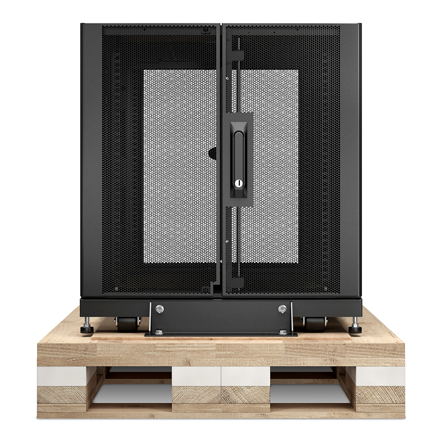 APC NetShelter SX, Server Rack Enclosure, 12U, Shock Packaging, Black, 658H x 600W x 900D mm [TAA] Front View