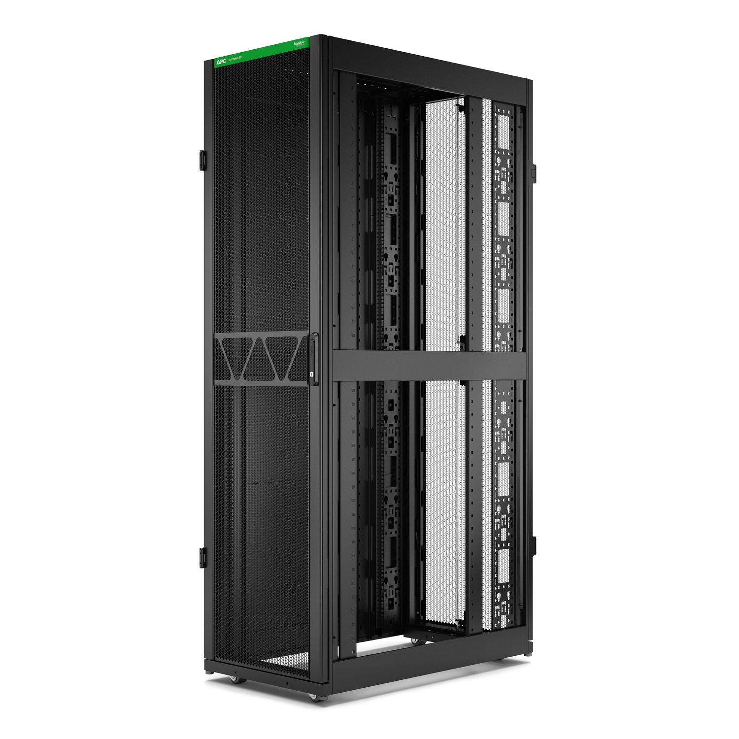 APC NetShelter SX Server Rack Gen 2, 45U, 2124H x 600W x 1070D mm, with Sides, Black [TAA] Front View