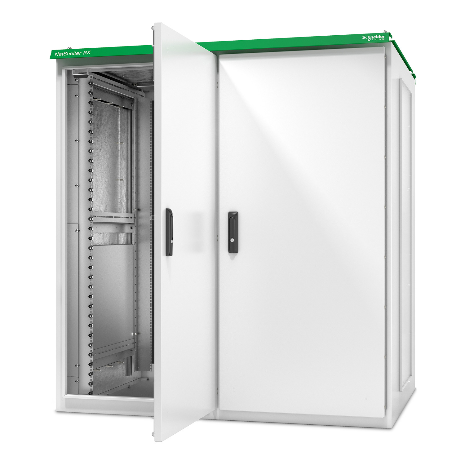 NetShelter RX, 66U, NEMA 4 Insulated Enclosure, 1575H x 1524W x 1070D mm, w/ Lighting, Dual Bay Front View