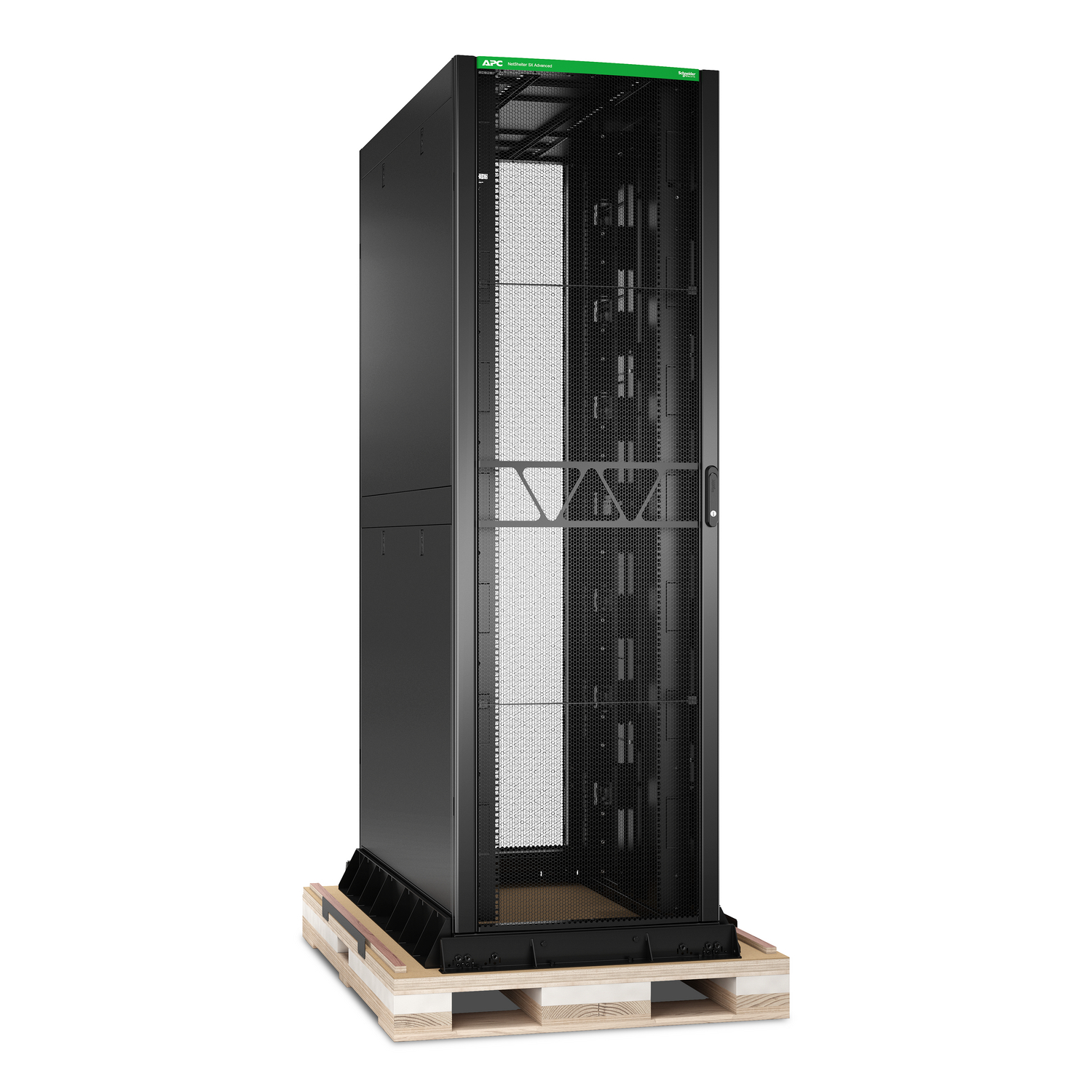 APC NetShelter SX Advanced Rack, High Strength, 52U, 2436H x 750W x 1295D mm, with Shock Package, Black [TAA] Front View