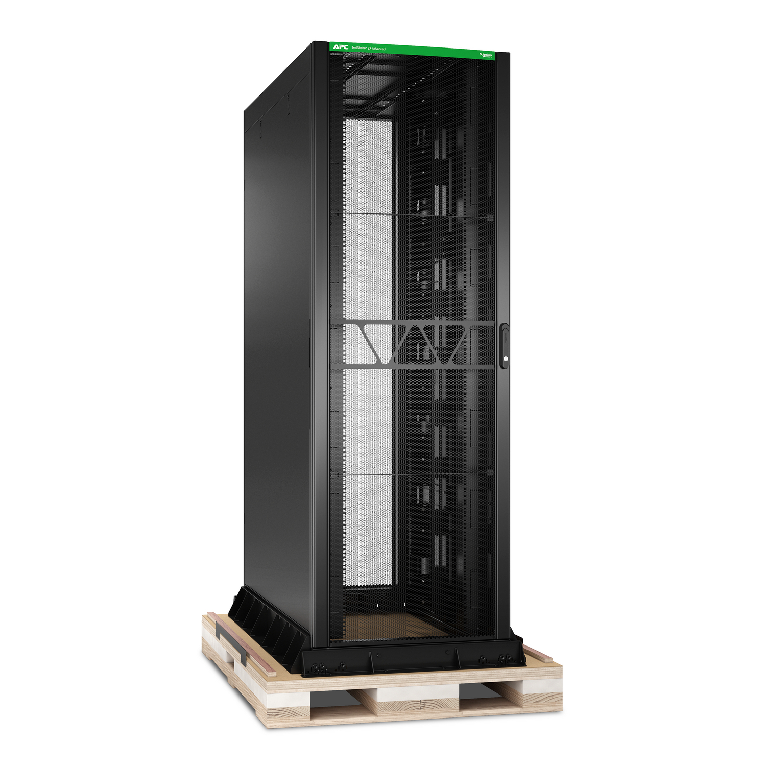 APC NetShelter SX Advanced Rack, High Strength, 48U, 2258H x 750W x 1470D mm, with Shock Package, Black [TAA] Front View