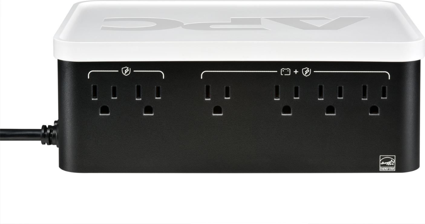 APC Back-UPS, 500VA/300W, Floor/Wall Mount, 120V, 6x NEMA 5-15R outlets, USB Type A + C Ports, Battery is not user replaceable Back View