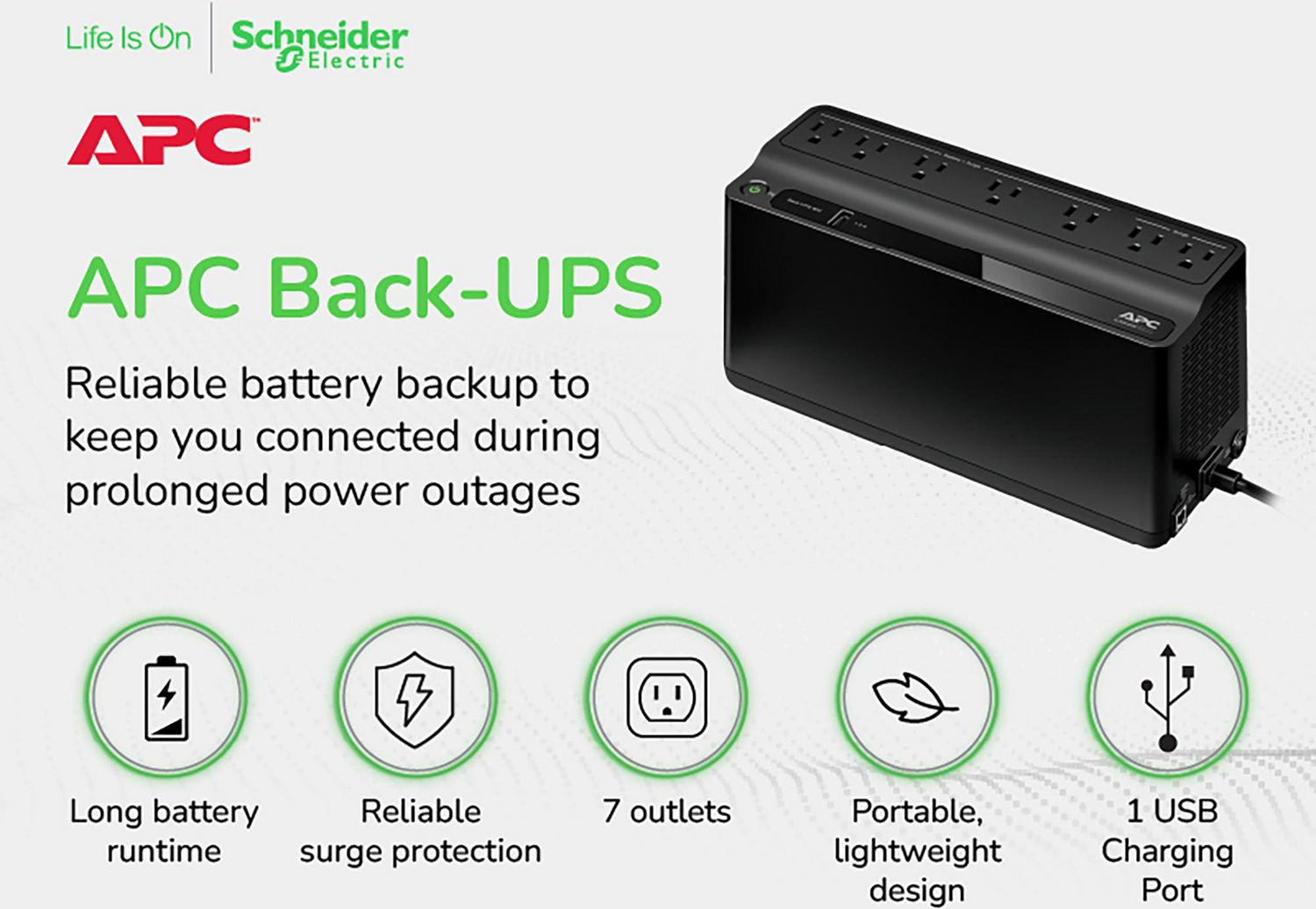 APC Back-UPS 600VA, 120V, 1 USB charging port, 7 NEMA outlets (2 surge) View 6