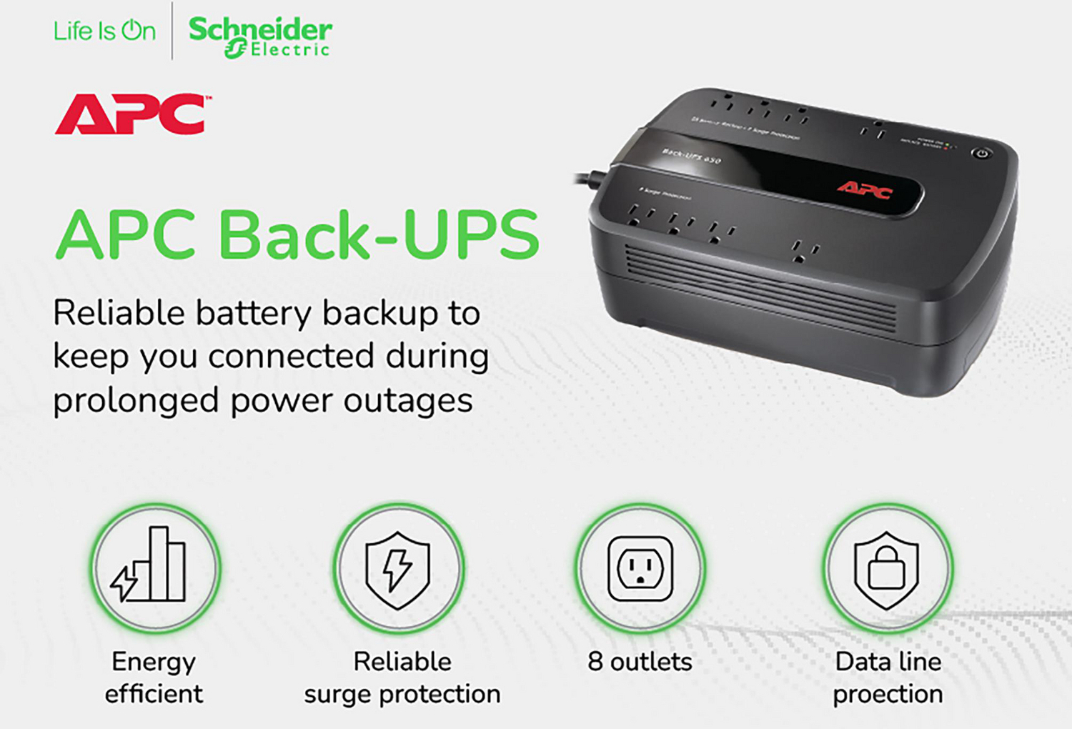 APC Back-UPS 650VA, 120V, 8 NEMA outlets (4 surge) Back View