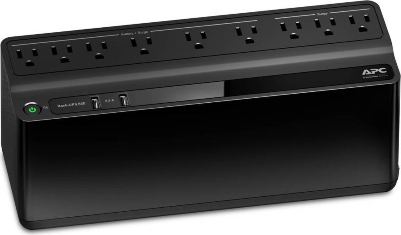 APC Back-UPS 850VA, 120V, 2 USB charging ports, 9 NEMA outlets (3 surge) Front View