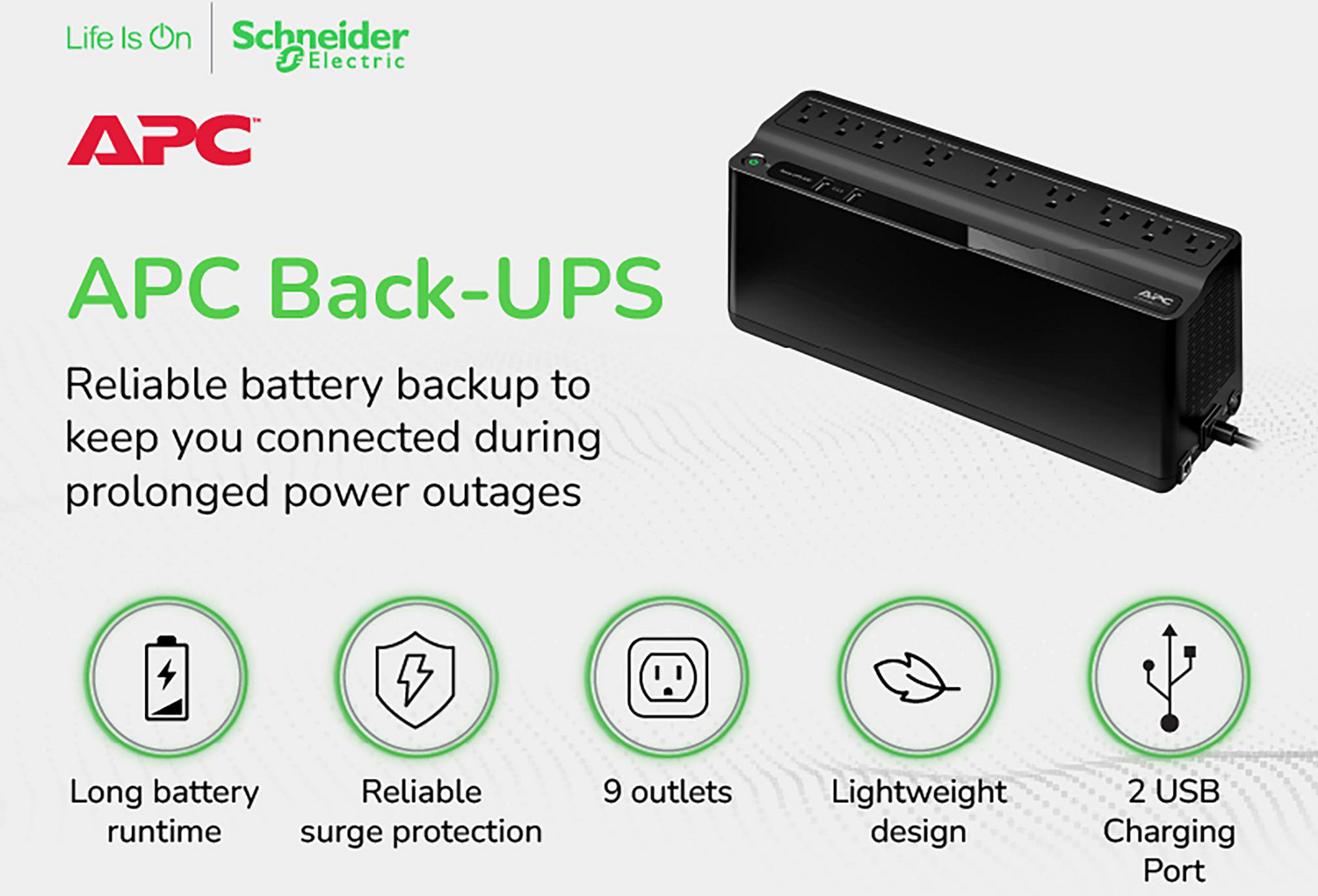 APC Back-UPS 850VA, 120V, 2 USB charging ports, 9 NEMA outlets (3 surge) Back View