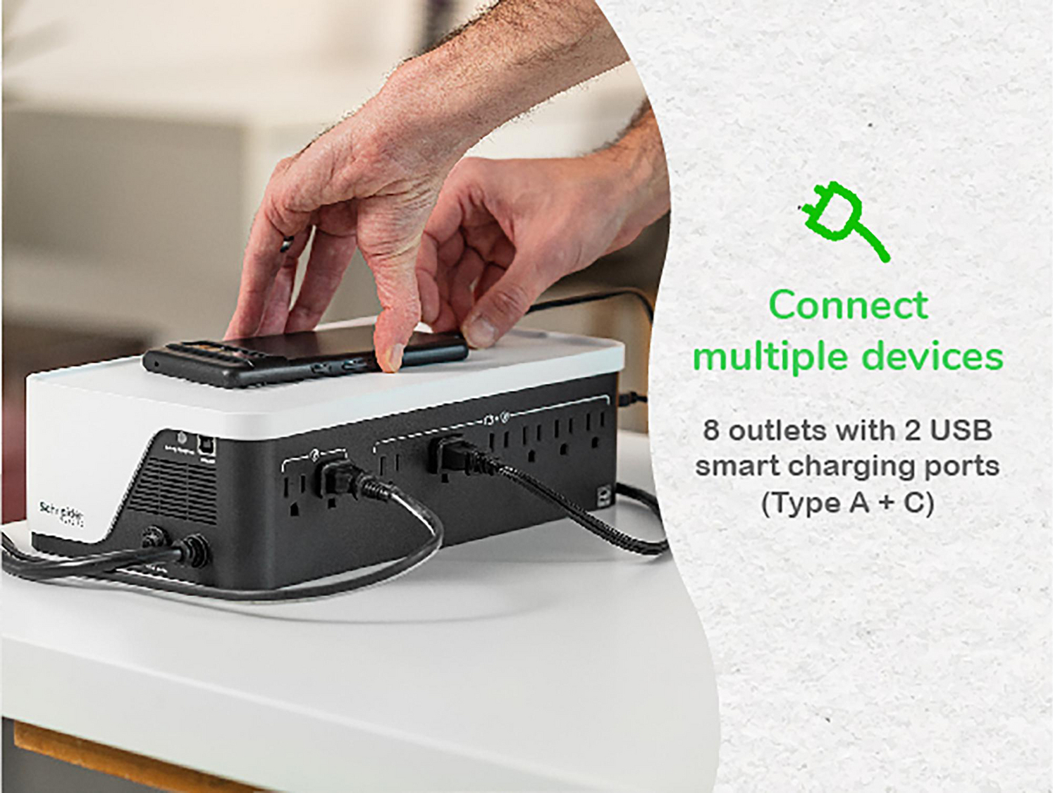 APC Back-UPS, 900VA/540W, Floor/Wall Mount, 120V, 8x NEMA 5-15R outlets, USB Type A + C Ports View 8