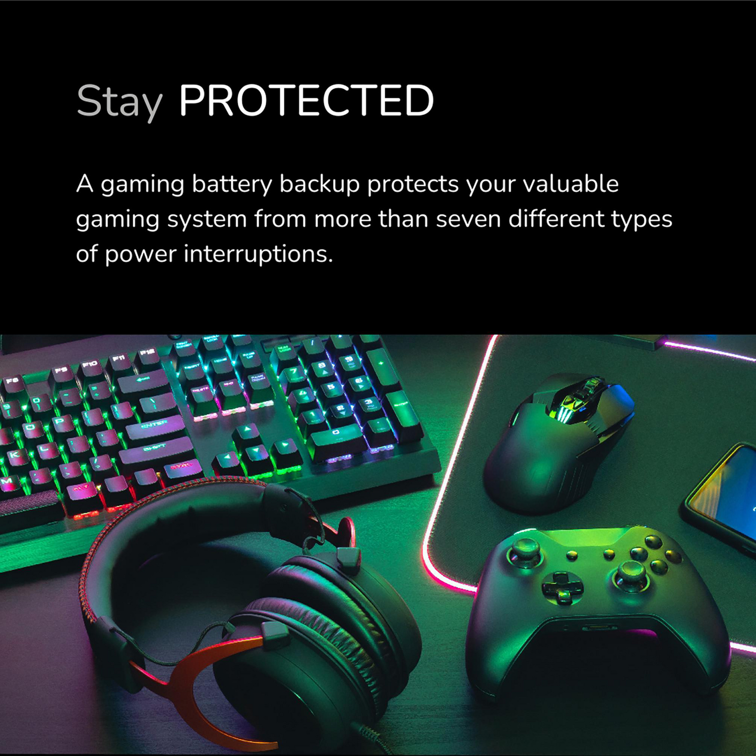 APC Back-UPS Pro for Gaming, 1500VA/900W, Tower, 120V, 10x NEMA 5-15R outlets, RGB Lights, Pure Sine Wave, Arctic (White) View 9