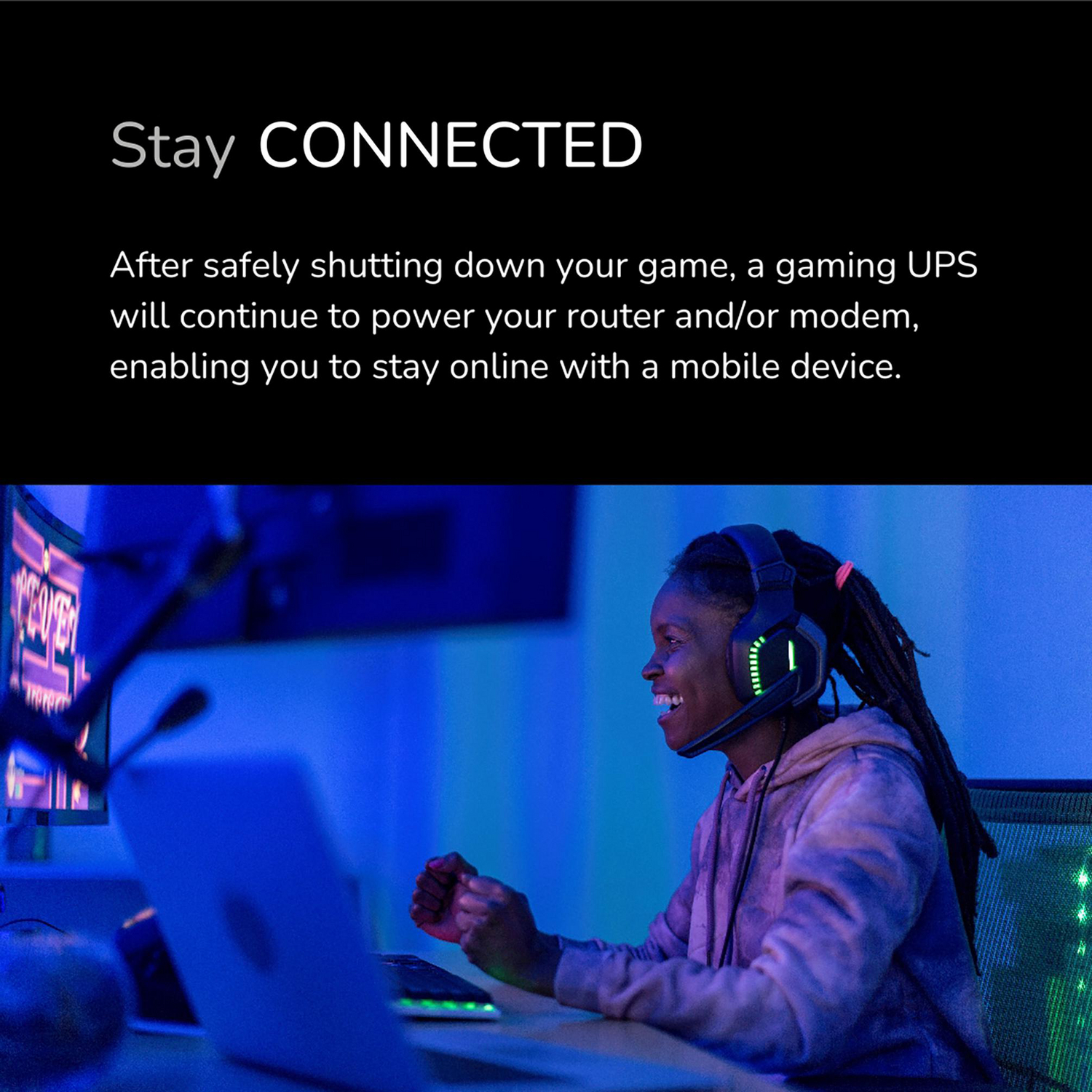 APC Back-UPS Pro for Gaming, 1500VA/900W, Tower, 120V, 10x NEMA 5-15R outlets, RGB Lights, Pure Sine Wave, Midnight (Black) View 10