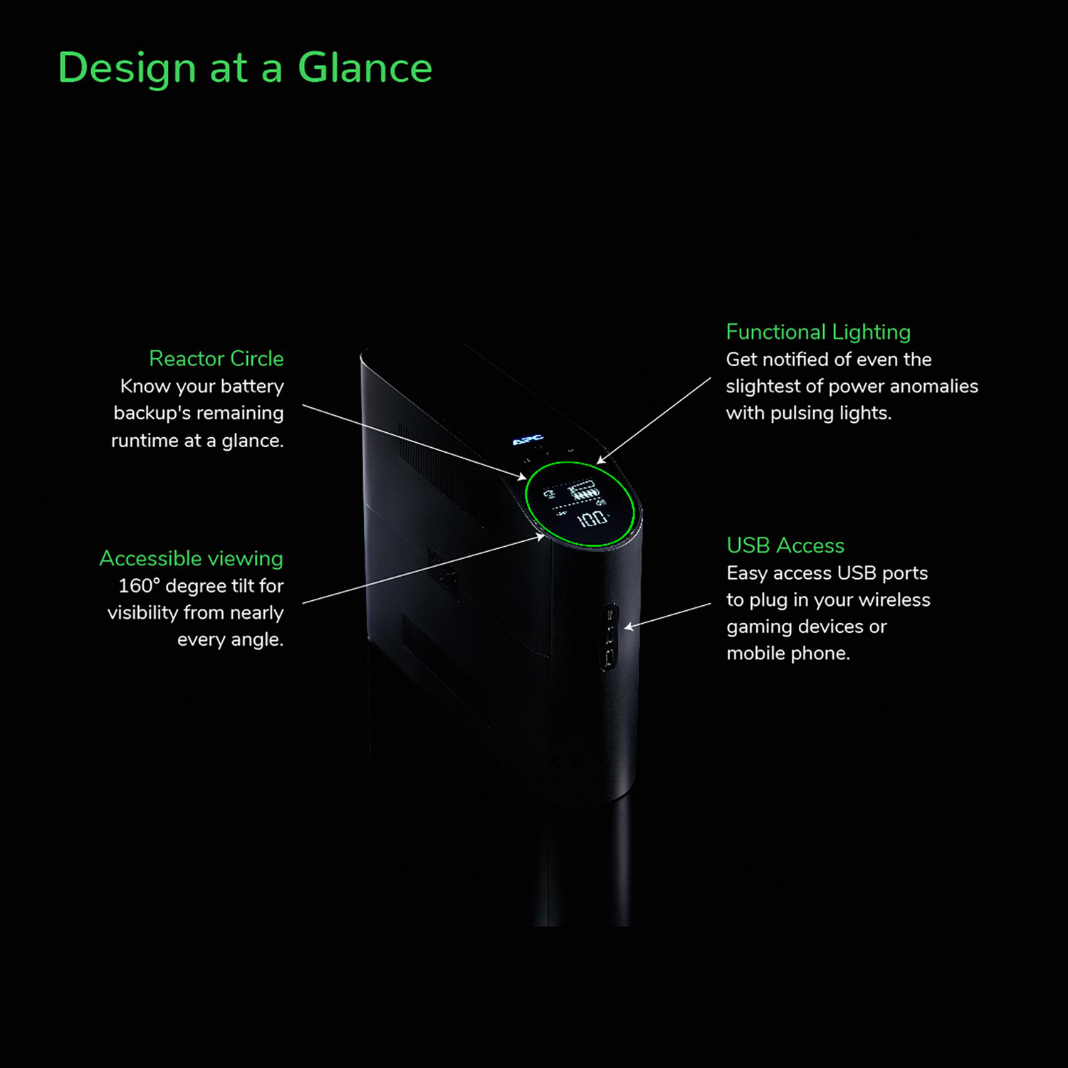 APC Back-UPS Pro for Gaming, 1500VA/900W, Tower, 120V, 10x NEMA 5-15R outlets, RGB Lights, Pure Sine Wave, Midnight (Black) View 12