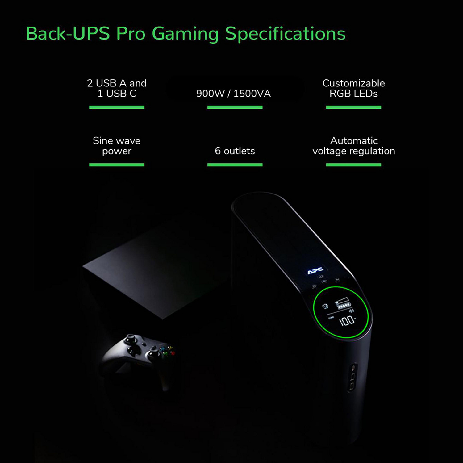 APC Back-UPS Pro for Gaming, 1500VA/900W, Tower, 120V, 10x NEMA 5-15R outlets, RGB Lights, Pure Sine Wave, Midnight (Black) View 13