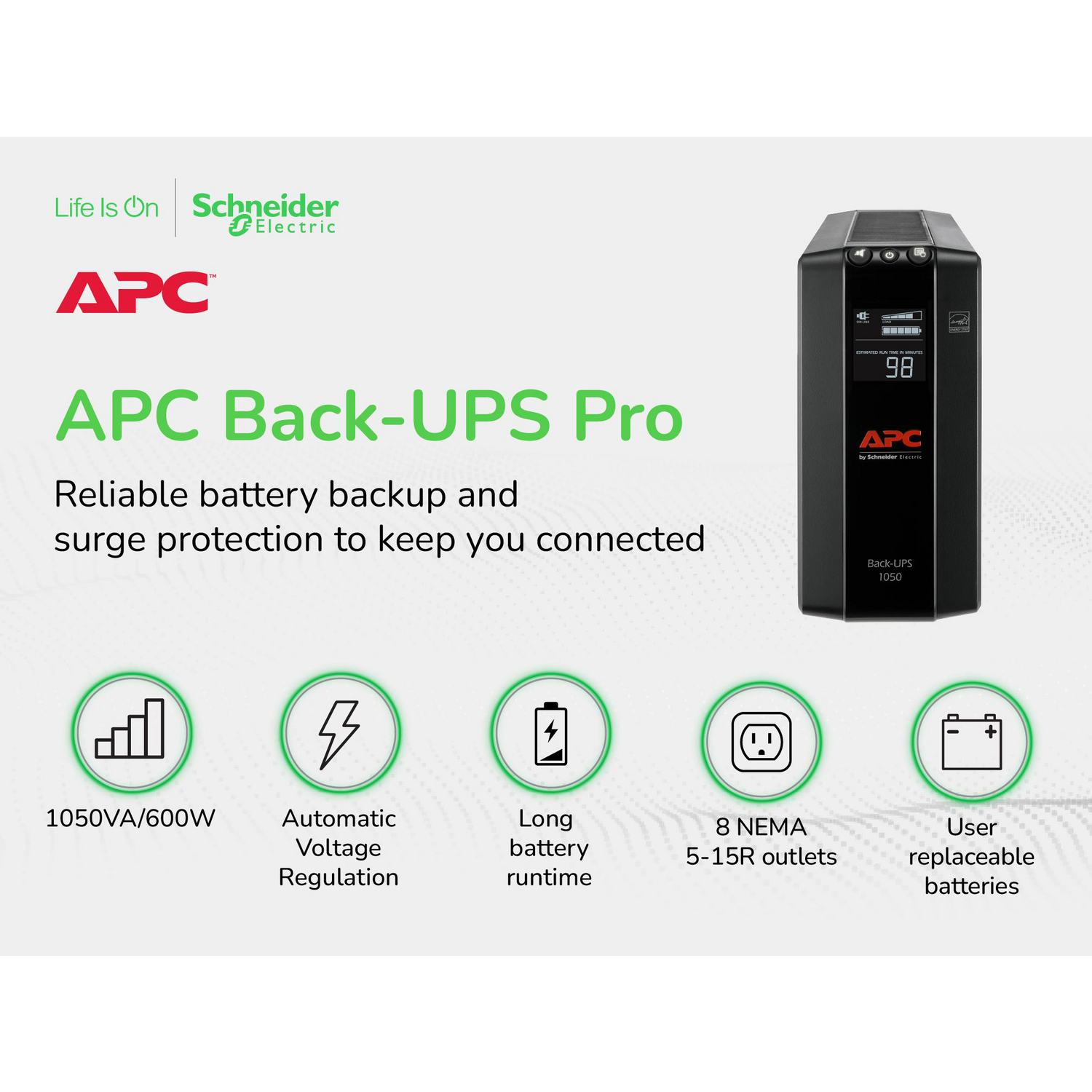 APC Back-UPS Pro 1050VA Retail, 1050VA, 600W, 8 outlets, LCD display View 9