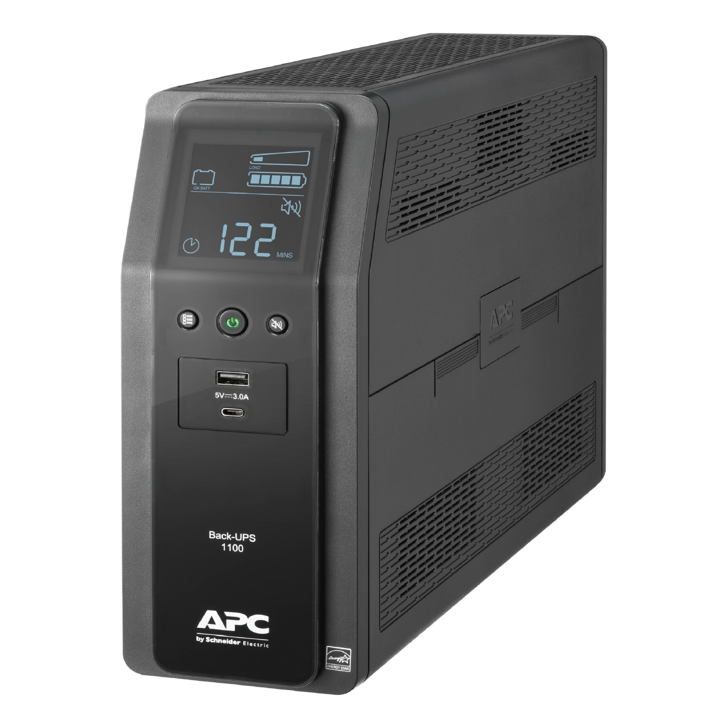 APC Back-UPS Pro 1375VA, 120V, AVR, LCD, 2 USB charging ports, 10 NEMA outlets (4 surge) Front View