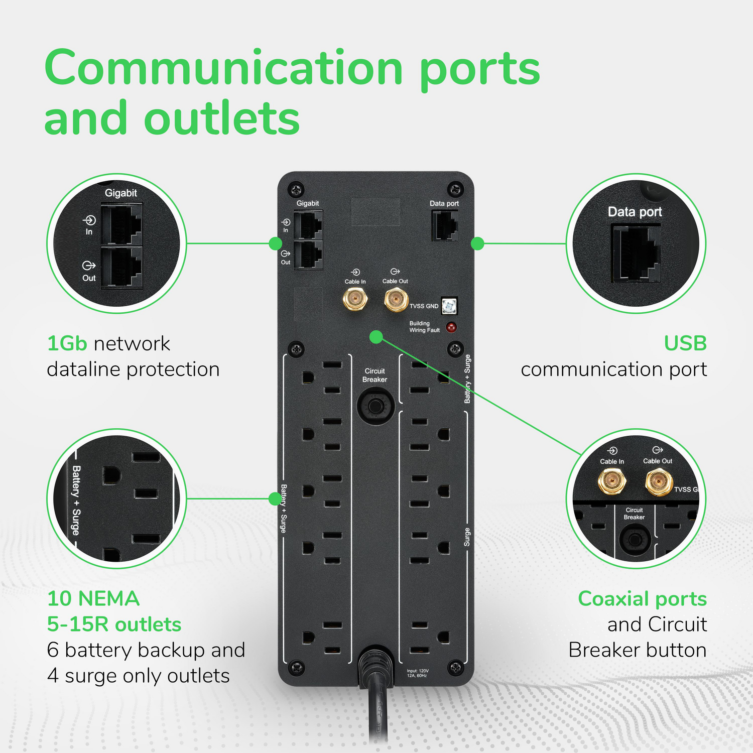 APC Back-UPS Pro, 1500VA, Tower, 120V, 10 NEMA 5-15R outlets, LCD, 1 USB Type C + 1 USB Type A ports View 5