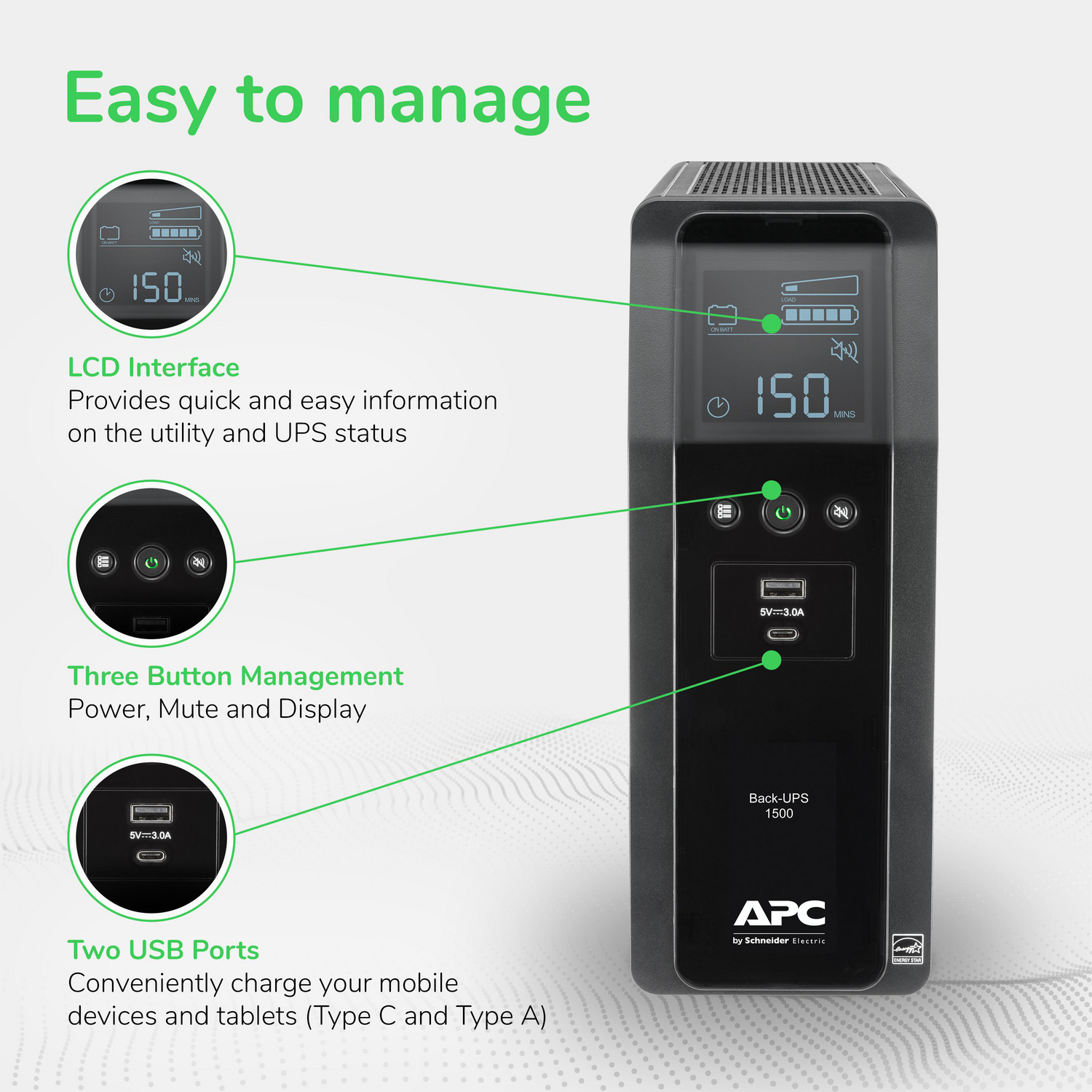 APC Back-UPS Pro, 1500VA, Tower, 120V, 10 NEMA 5-15R outlets, LCD, 1 USB Type C + 1 USB Type A ports View 6