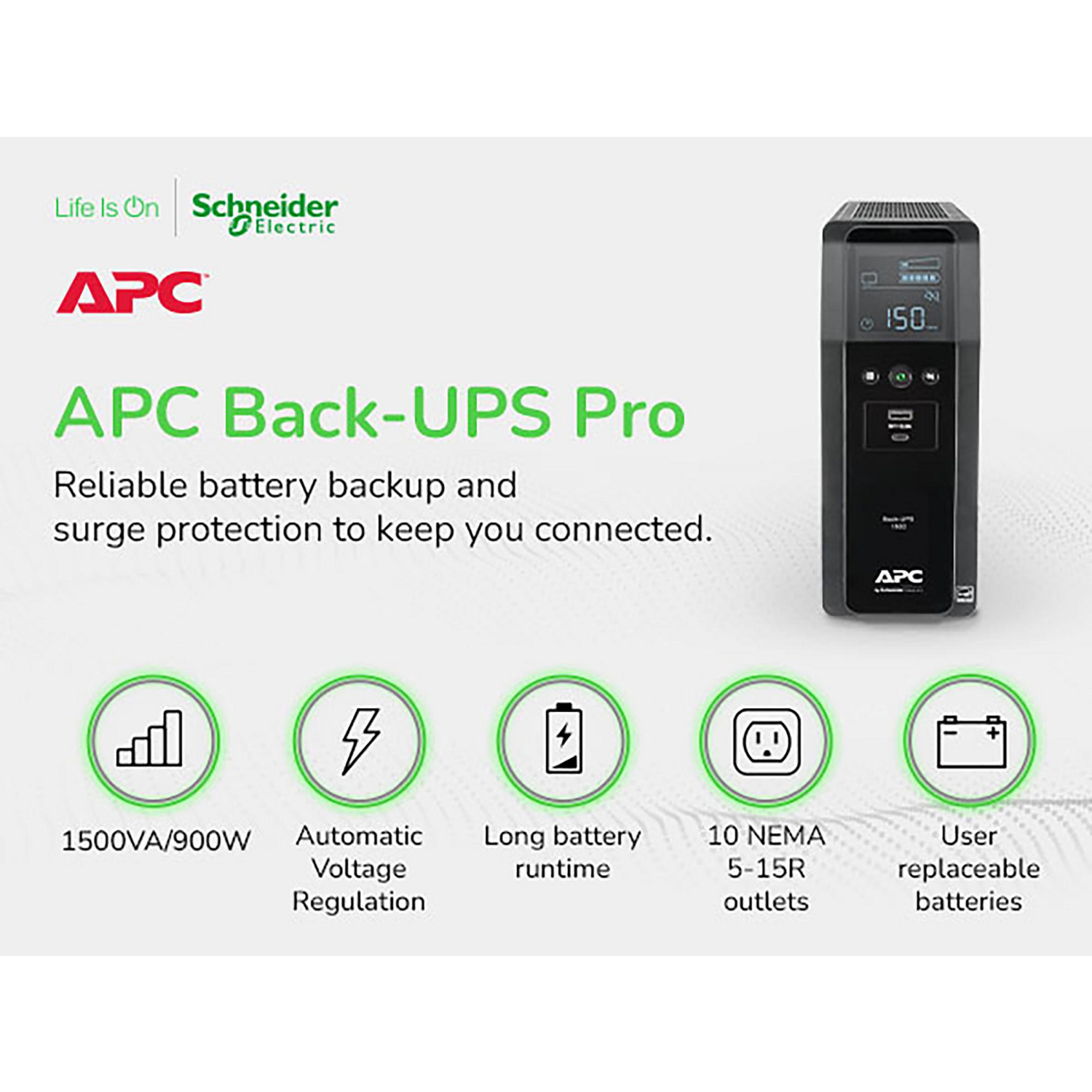 APC Back-UPS Pro, 1500VA, Tower, 120V, 10 NEMA 5-15R outlets, LCD, 1 USB Type C + 1 USB Type A ports View 8