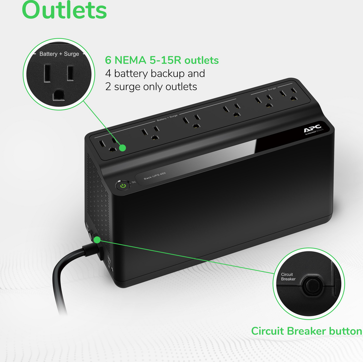 APC Back-UPS 450VA, 120V, 6 NEMA outlets (2 surge), Battery is not user replaceable View 6