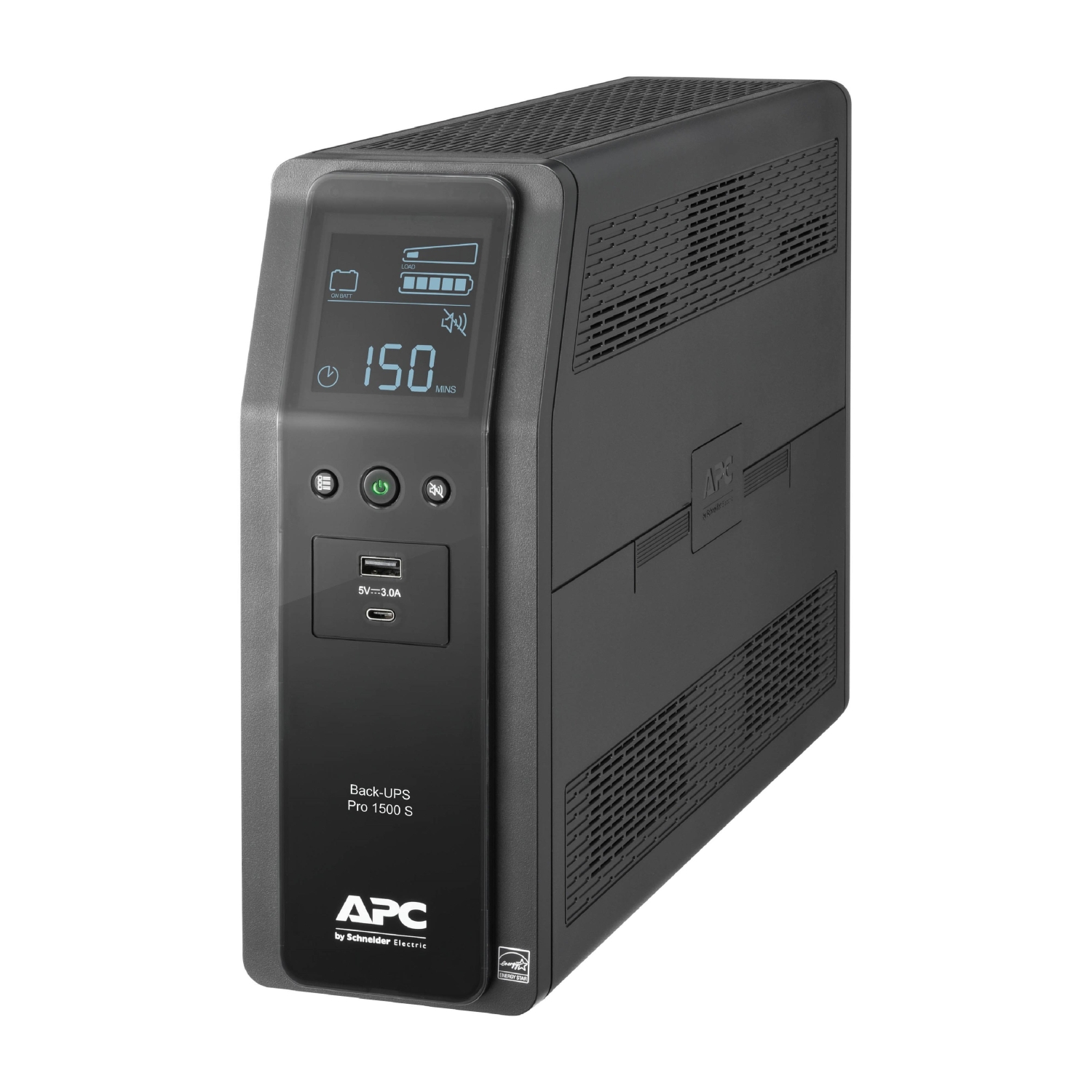 APC Back-UPS Pro, 1000VA/600W, Tower, 120V, 10x NEMA 5-15R outlets, Sine Wave, AVR, USB Type A + C ports, LCD, User Replaceable Battery Front View