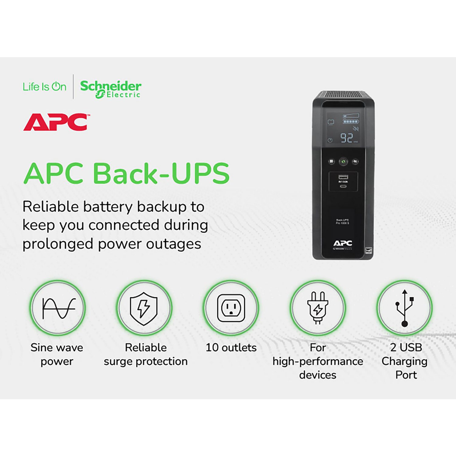 APC Back-UPS Pro, 1000VA/600W, Tower, 120V, 10x NEMA 5-15R outlets, Sine Wave, AVR, USB Type A + C ports, LCD, User Replaceable Battery View 8