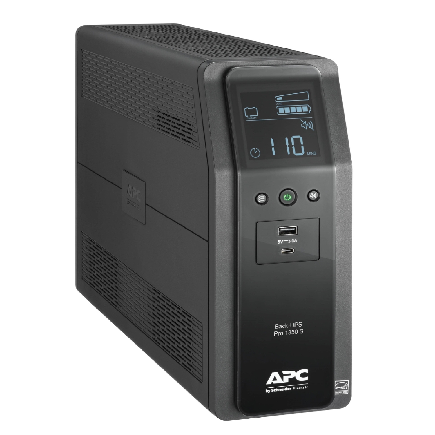 APC Back-UPS Pro, 1350VA/810W, Tower, 120V, 10x NEMA 5-15R outlets, Sine Wave, AVR, USB Type A + C ports, LCD, User Replaceable Battery Back View