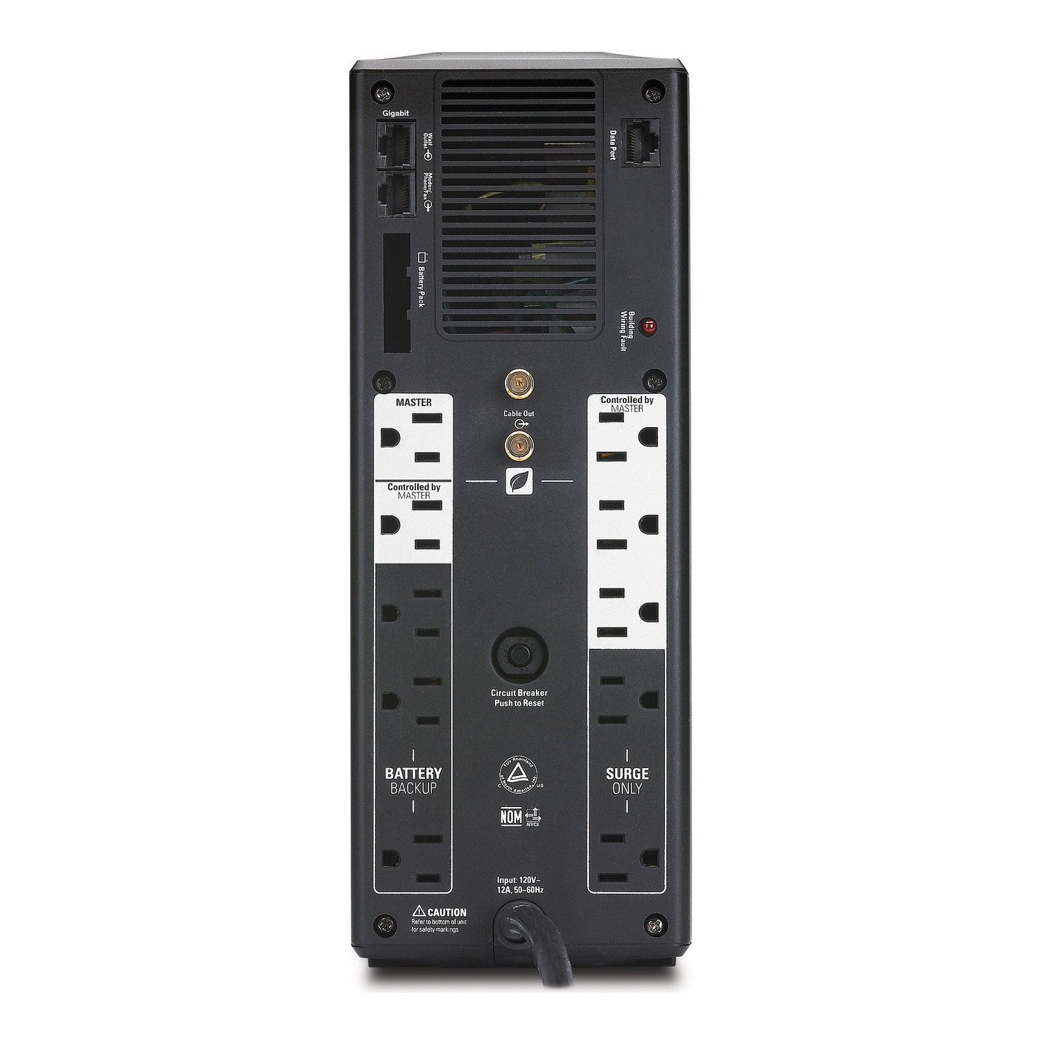 APC Back-UPS Pro, 1500VA/865W, Tower, 120V, 10x NEMA 5-15R outlets, AVR, LCD, User Replaceable Battery Front View