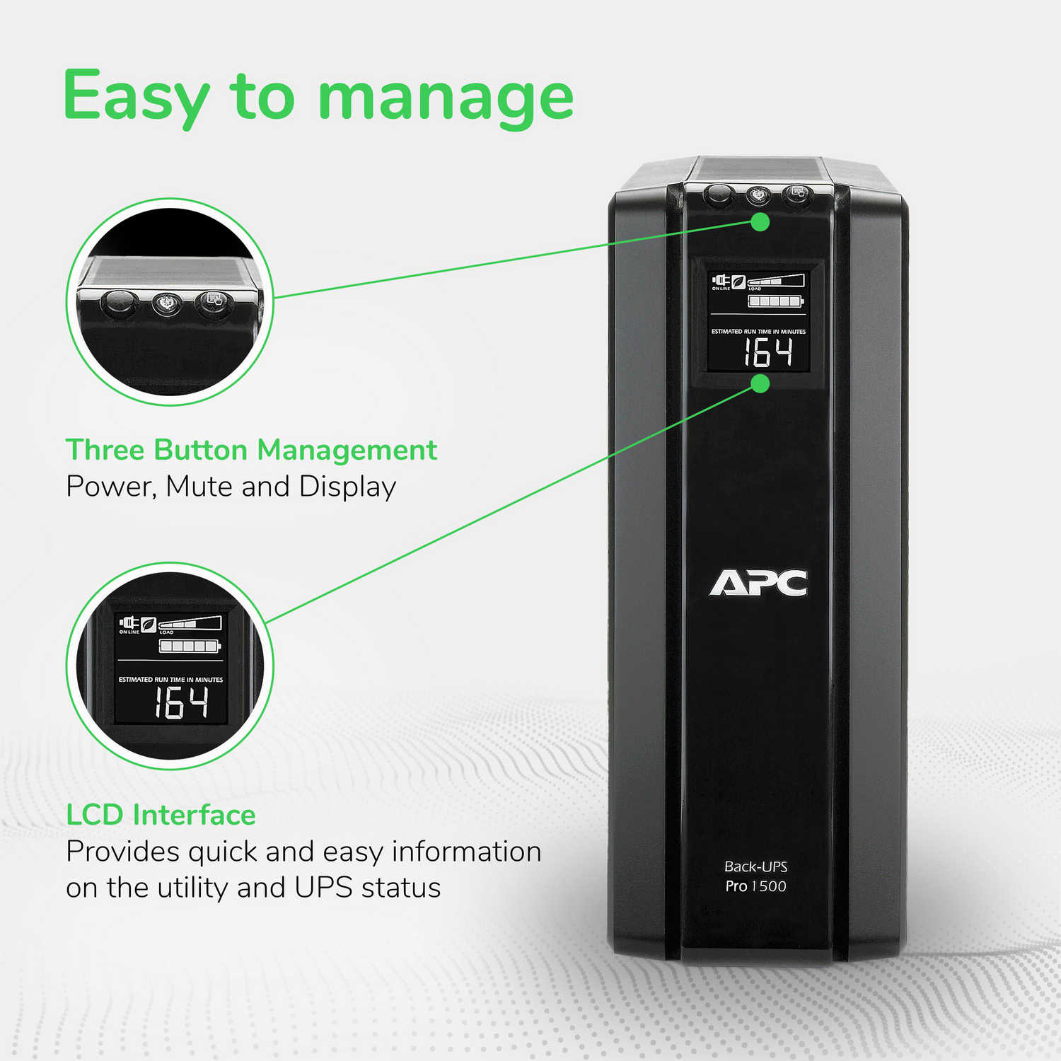 APC Back-UPS Pro, 1500VA/865W, Tower, 120V, 10x NEMA 5-15R outlets, AVR, LCD, User Replaceable Battery View 6