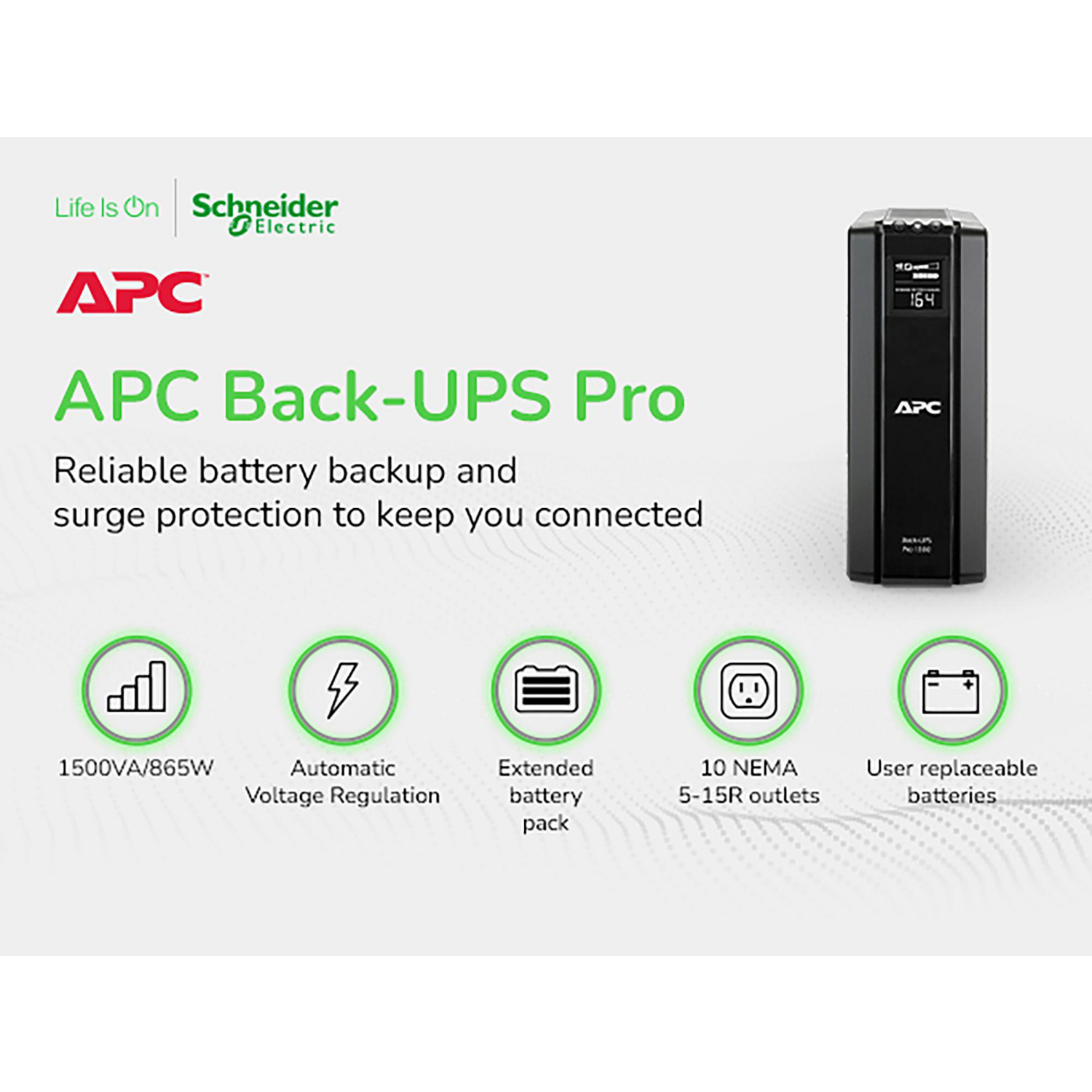 APC Back-UPS Pro, 1500VA/865W, Tower, 120V, 10x NEMA 5-15R outlets, AVR, LCD, User Replaceable Battery View 9