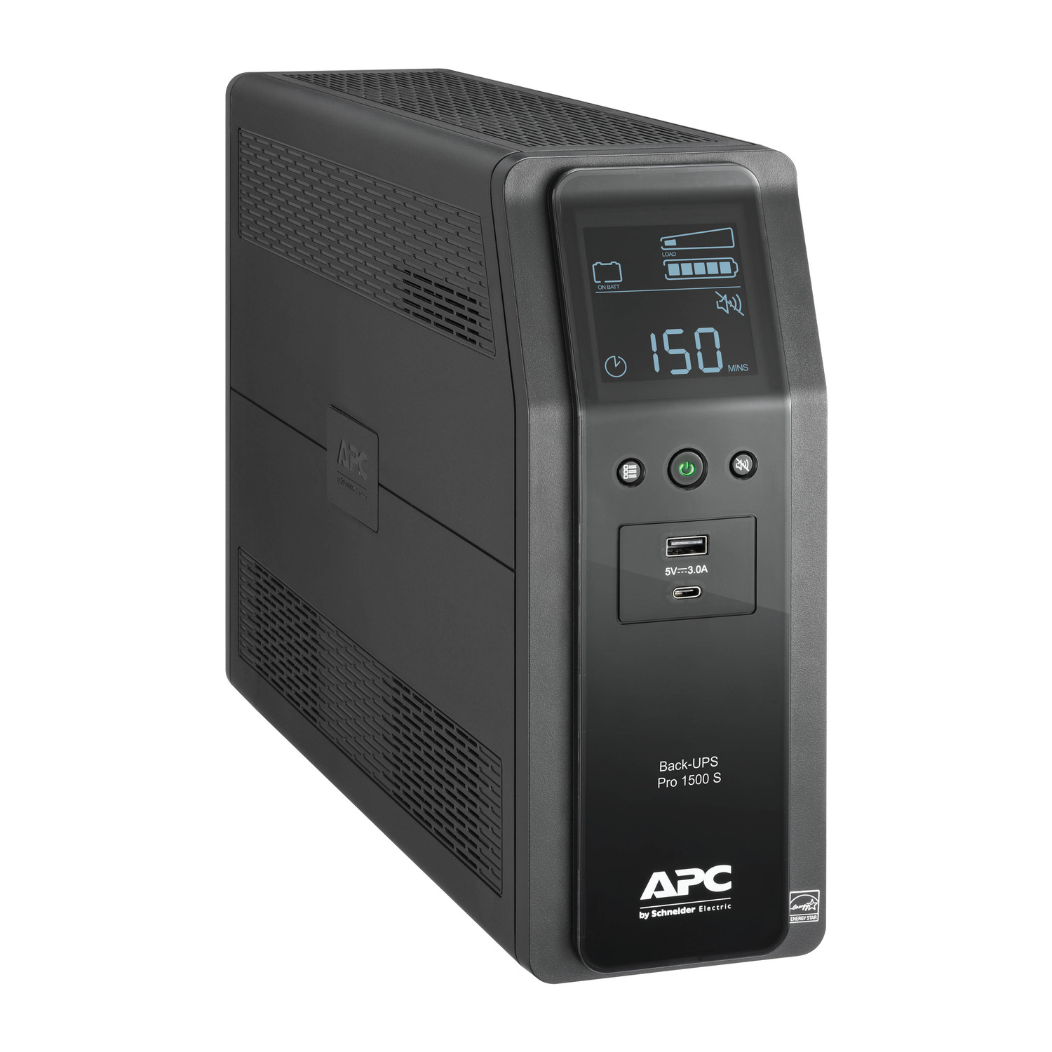 APC Back-UPS Pro, 1500VA/900W, Tower, 120V, 10x NEMA 5-15R outlets, AVR, USB Type A + C ports, LCD, User Replaceable Battery Back View