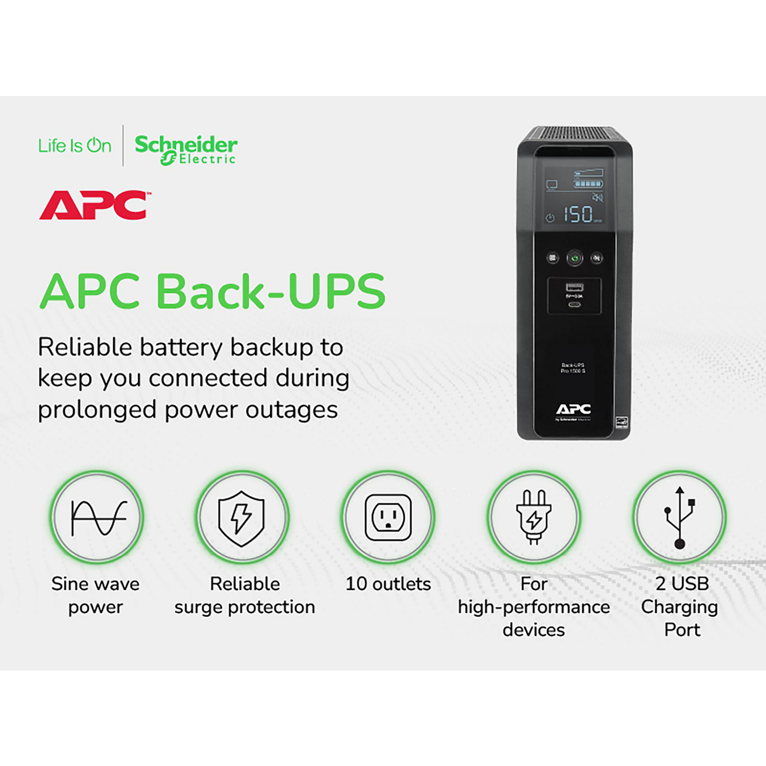 APC Back-UPS Pro, 1500VA/900W, Tower, 120V, 10x NEMA 5-15R outlets, AVR, USB Type A + C ports, LCD, User Replaceable Battery View 7