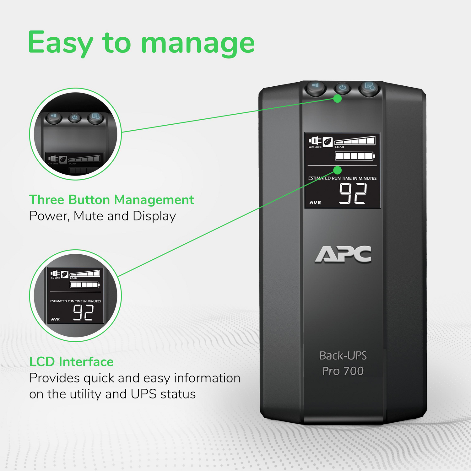 APC Back-UPS Pro, 700VA/420W, Tower, 120V, 6x NEMA 5-15R outlets, AVR, LCD, User Replaceable Battery View 5