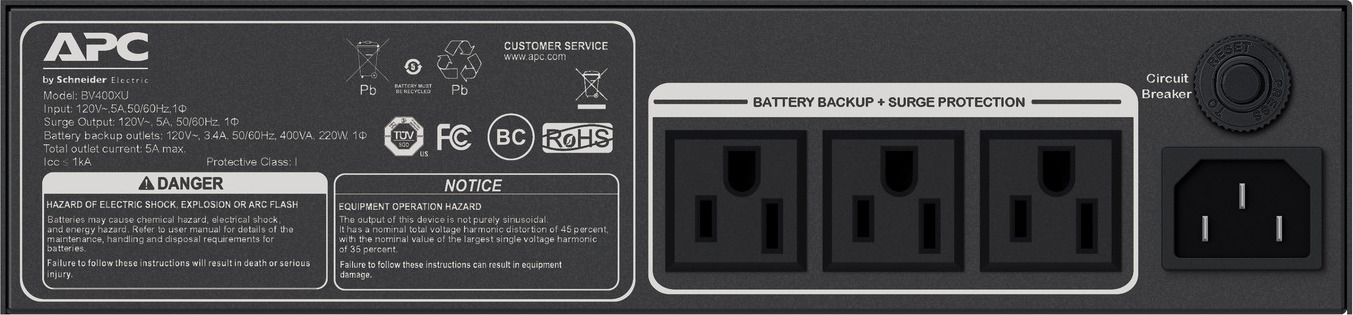 APC Back-UPS 400VA, 120V, Flexible Mounting, Low Profile, Industrial, 3 NEMA outlets Front View