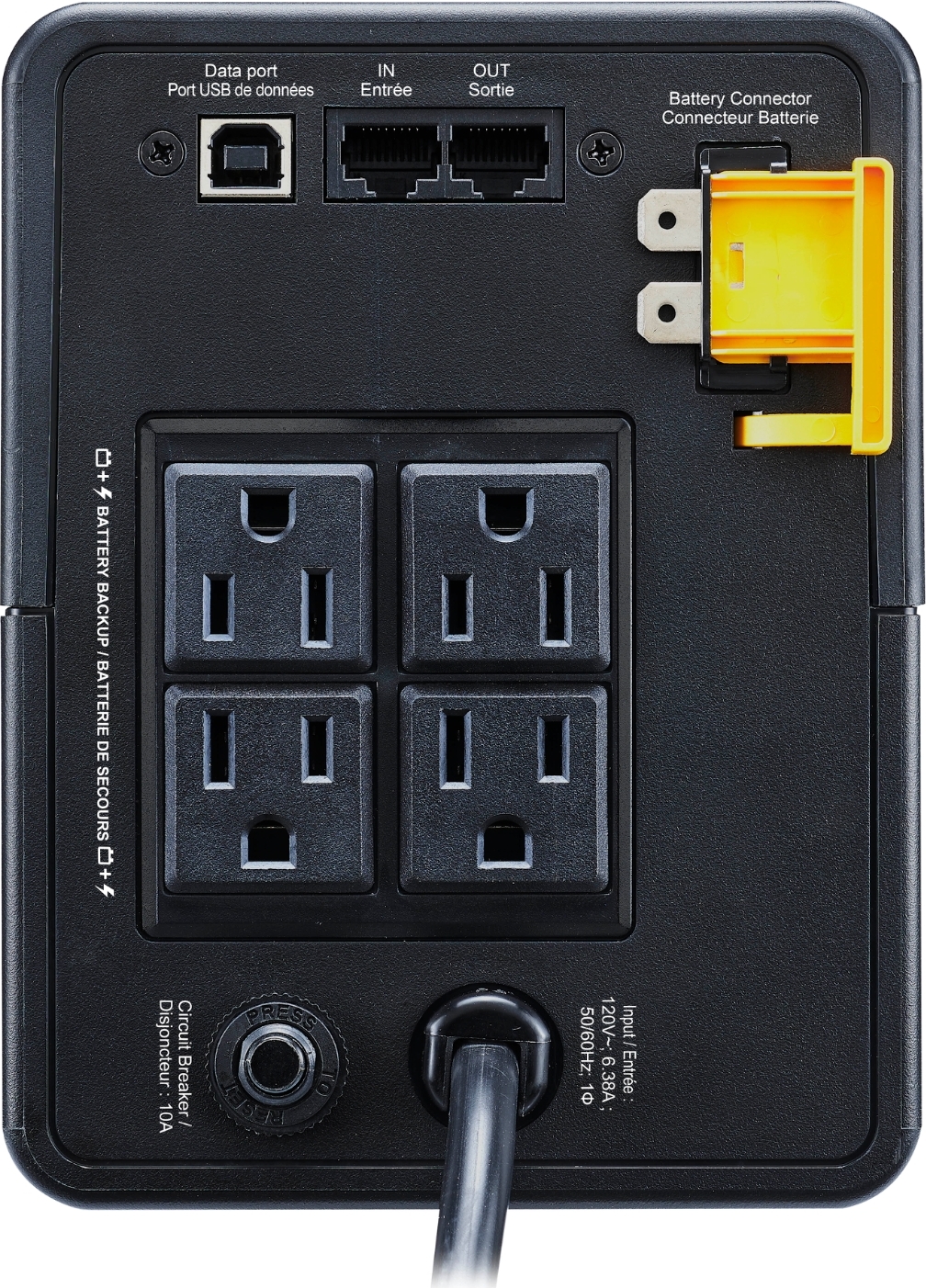APC Back UPS, 750VA/410W, Tower, 120V, 4x NEMA 5-15R outlets, USB Type A + C Ports, User Replaceable Battery Back View