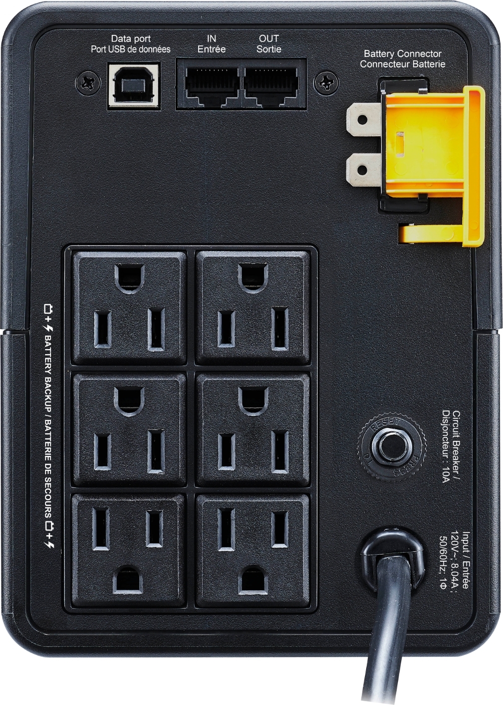 APC Back UPS, 950VA/480W, Tower, 120V, 6x NEMA 5-15R outlets, USB Type A + C Ports, User Replaceable Battery Back View