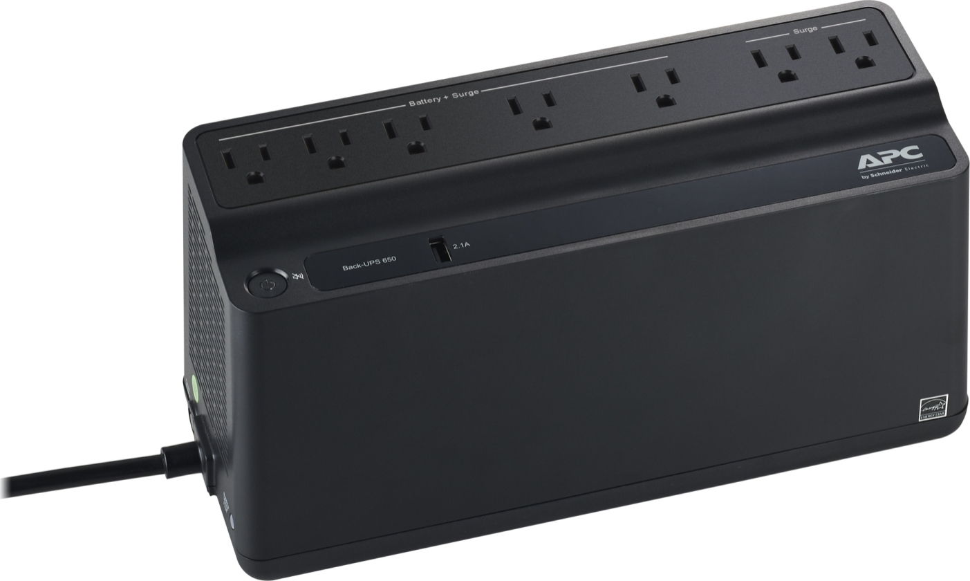 APC Back UPS, 650VA/360W, Floor/Wall Mount 120V, 7x NEMA 5-15R outlets, USB Type A Port Front View