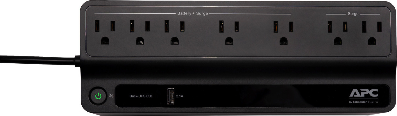 APC Back UPS, 650VA/360W, Floor/Wall Mount 120V, 7x NEMA 5-15R outlets, USB Type A Port Back View