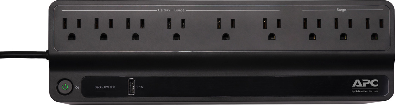 APC Back UPS, 900VA/480W, Floor/Wall Mount 120V, 9x NEMA 5-15R outlets, USB Type A Port Back View