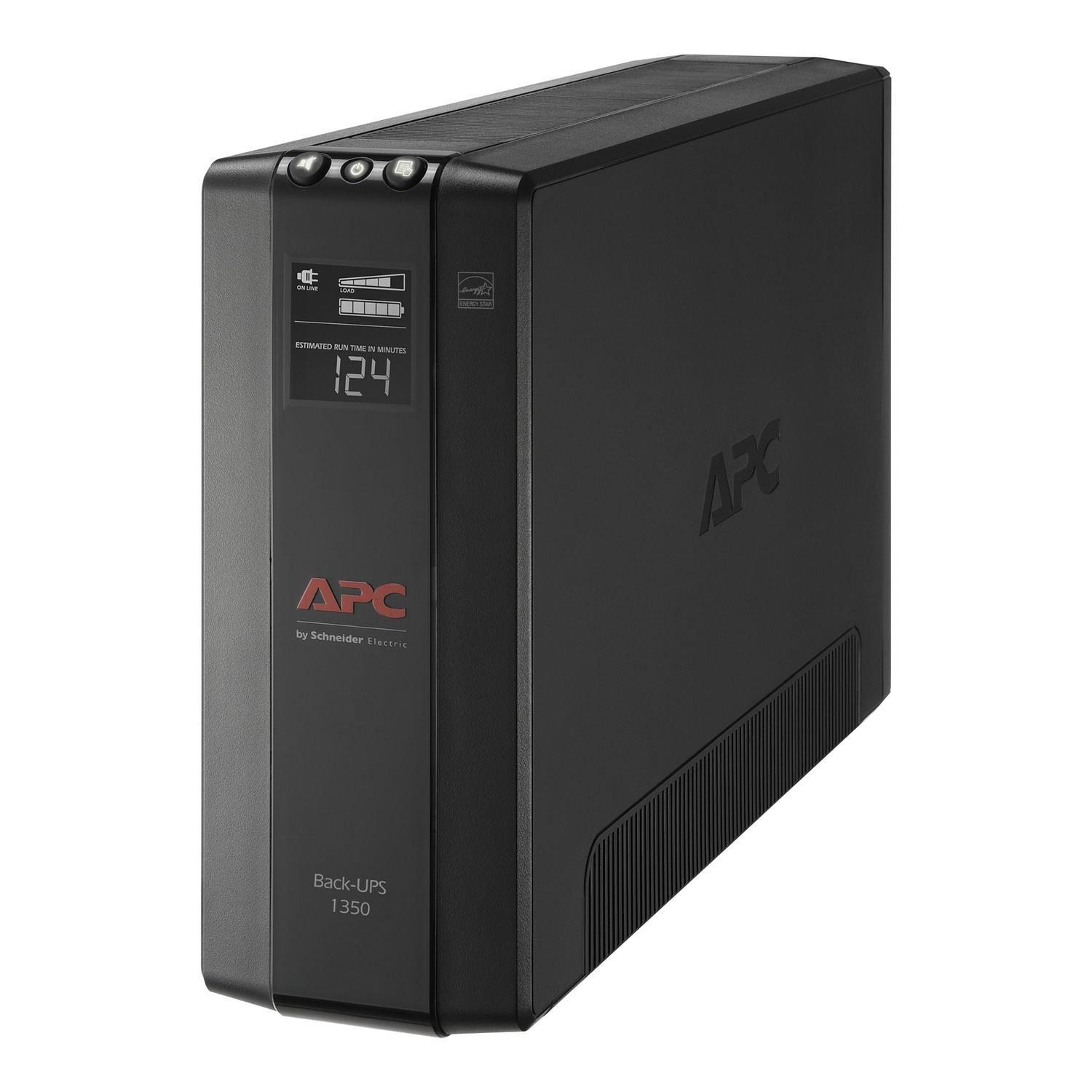 APC Back-UPS 1350, Compact Tower, 1350VA, 120V, AVR, LCD, 10 NEMA outlets (5 surge) Front View