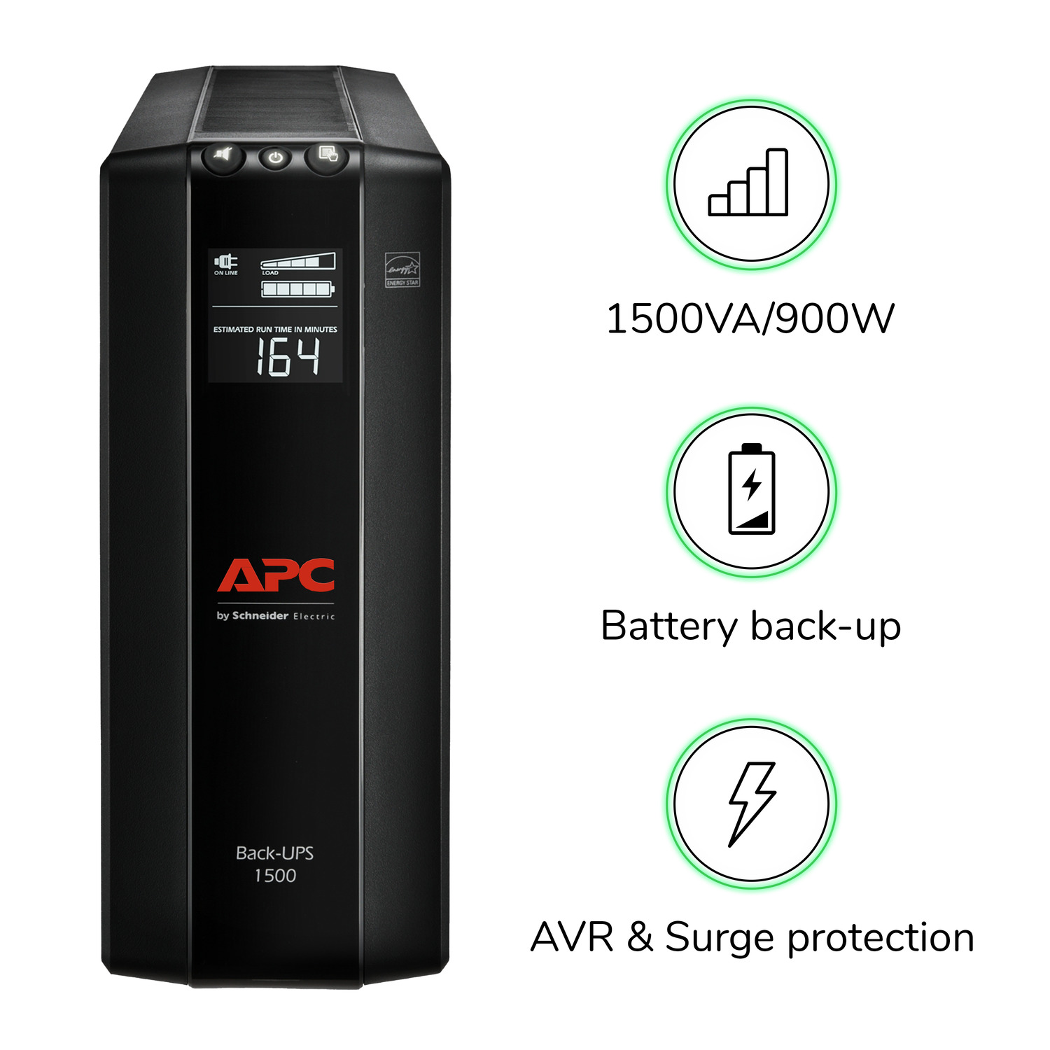 APC Back-UPS Pro, 1500VA, Tower, 120V, 10 NEMA 5-15R outlets, AVR, LCD View 13