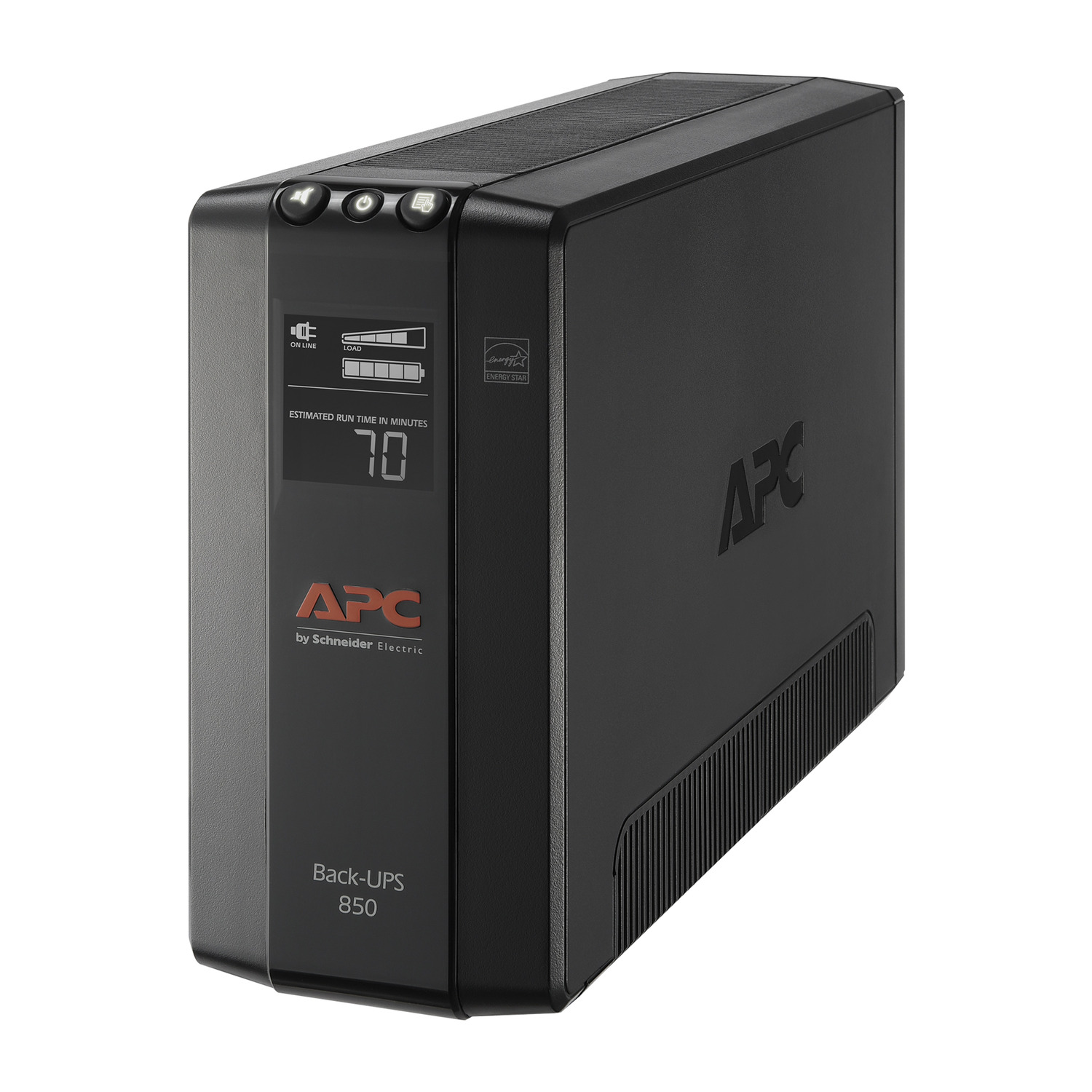 APC Back-UPS 850, Compact Tower, 850VA, 120V, AVR, LCD, 8 NEMA outlets (4 surge) Front View