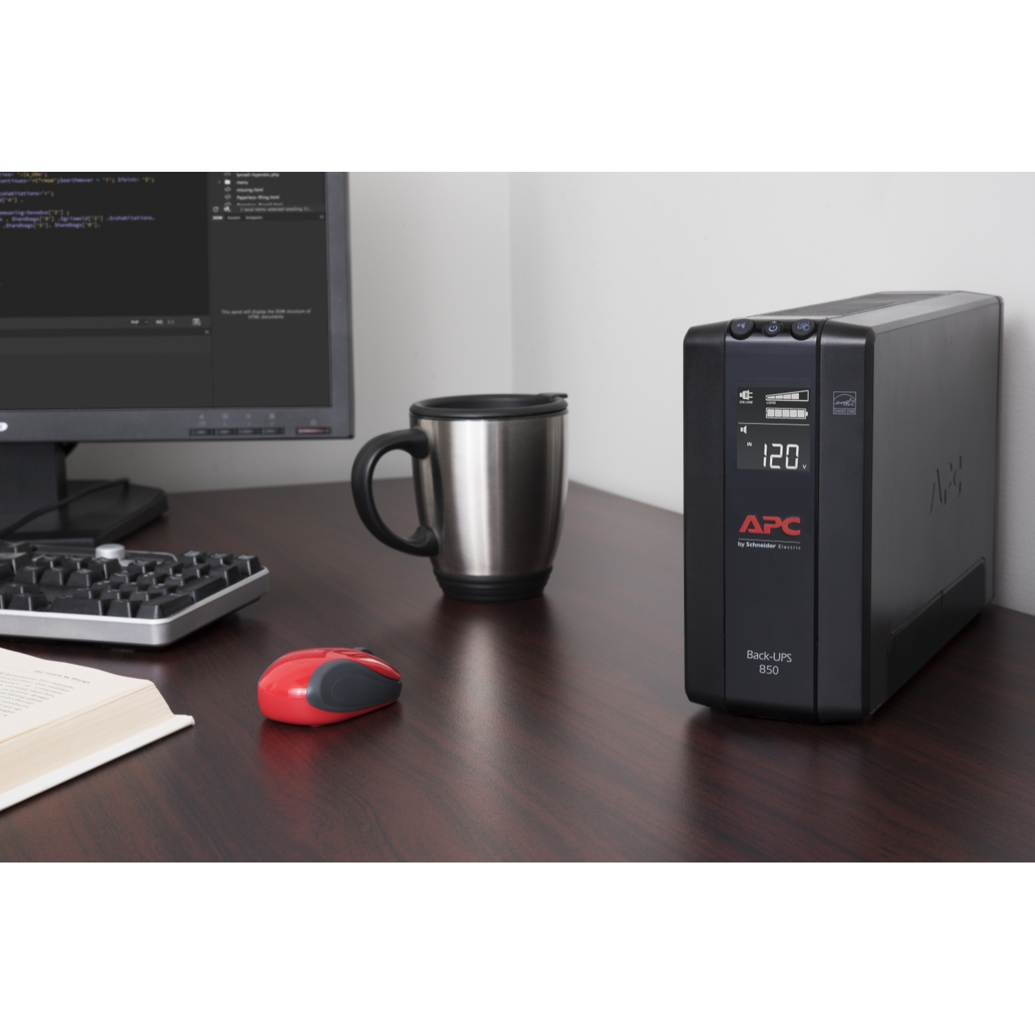 APC Back-UPS 850, Compact Tower, 850VA, 120V, AVR, LCD, 8 NEMA outlets (4 surge) Back View