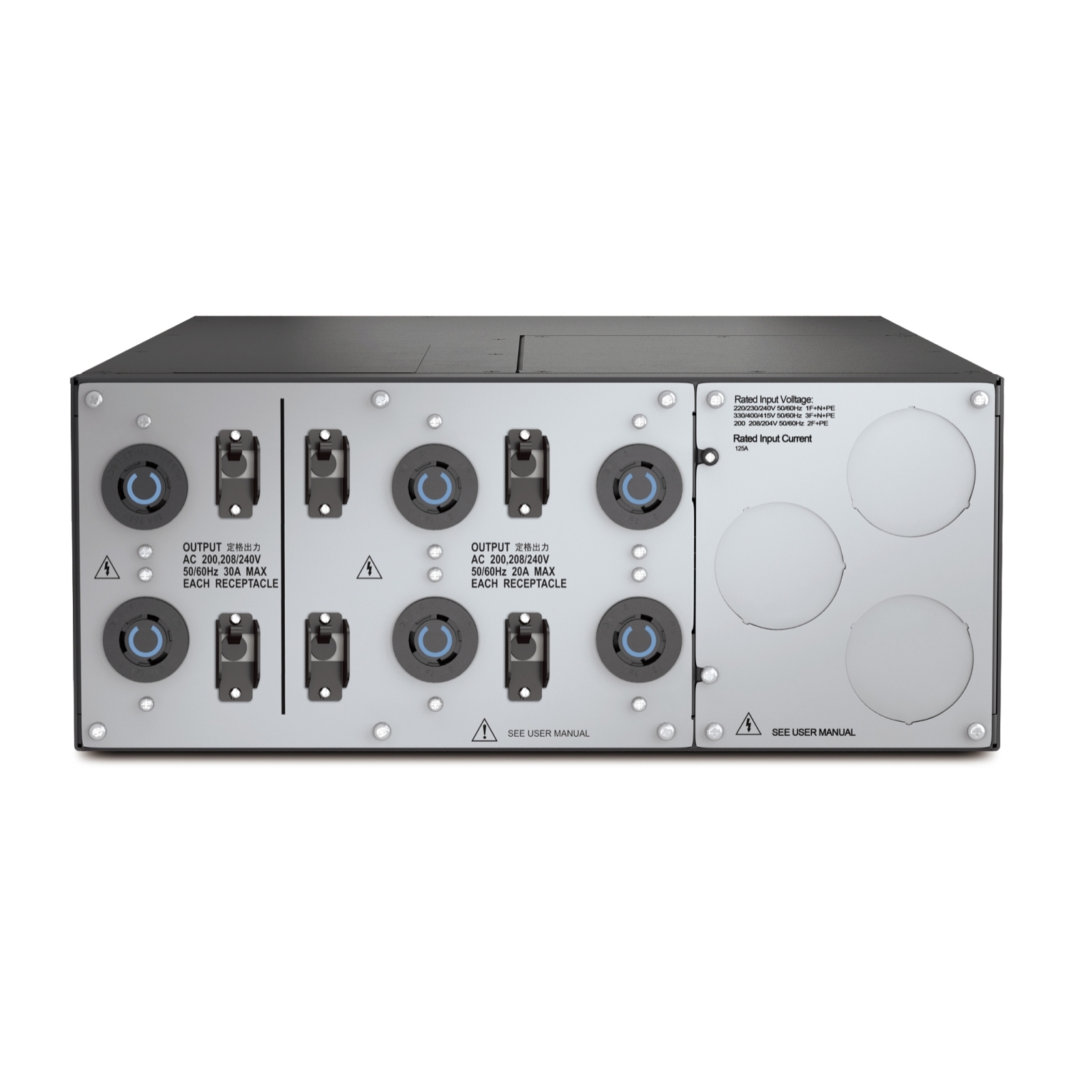 APC Service Bypass Panel 200/208/240V 125A HW input (2) L6-30R (4) L6-20R output Front View