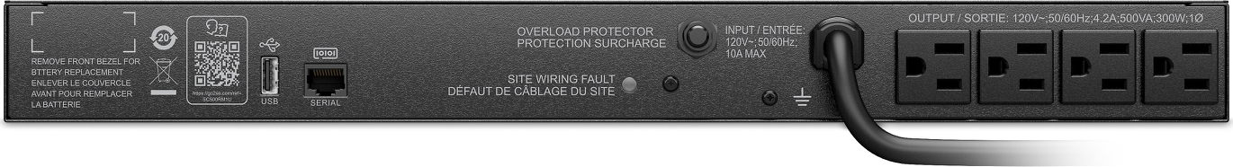 APC Smart-UPS, Line Interactive, 500VA, Rackmount 1U, 120V, 4x NEMA 5-15R outlets, Short Depth Hardware Detail