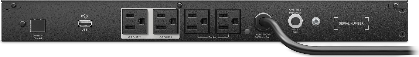 APC Smart-UPS, 400VA/400W, Lithium-ion, Rackmount 1U, 100V, 4x NEMA 5-15R outlets, Short Depth Hardware Detail