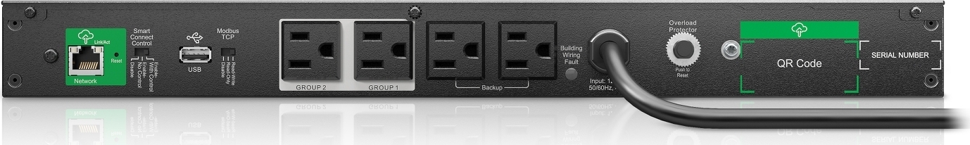 APC Smart-UPS, Line Interactive, 500VA, Lithium-ion, Rackmount 1U, 120V, 4x NEMA 5-15R outlets, SmartConnect Port, Short Depth Back View