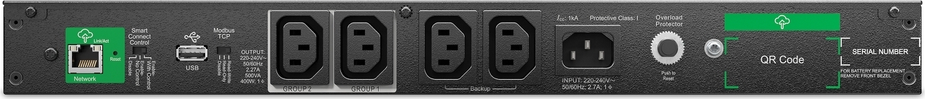 APC Smart-UPS, Line Interactive, 500VA, Lithium-ion, Rackmount 1U, 230V, 4x IEC C13 outlets, SmartConnect Port, Short Depth Hardware Detail
