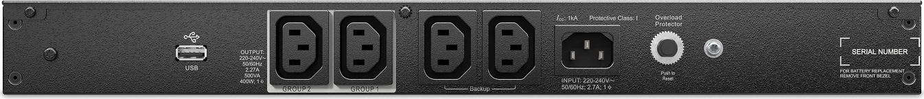 APC Smart-UPS, Line Interactive, 500VA, Lithium-ion, Rackmount 1U, 230V, 4x IEC C13 outlets, Short Depth Hardware Detail