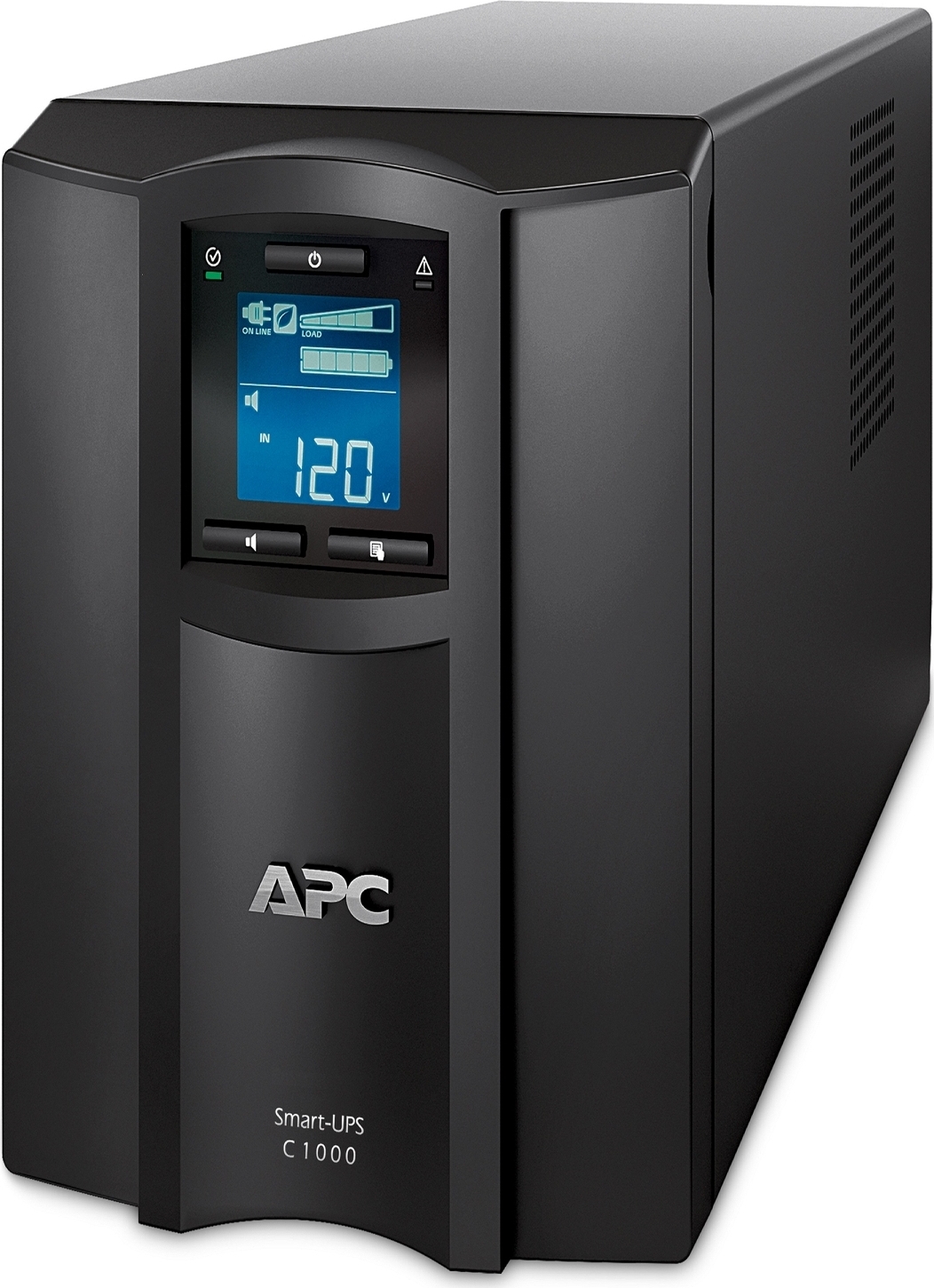 APC Smart-UPS C, Line Interactive, 1000VA, Tower, 120V, 8x NEMA 5-15R outlets, SmartConnect port, USB and Serial communication, AVR, Graphic LCD Front View