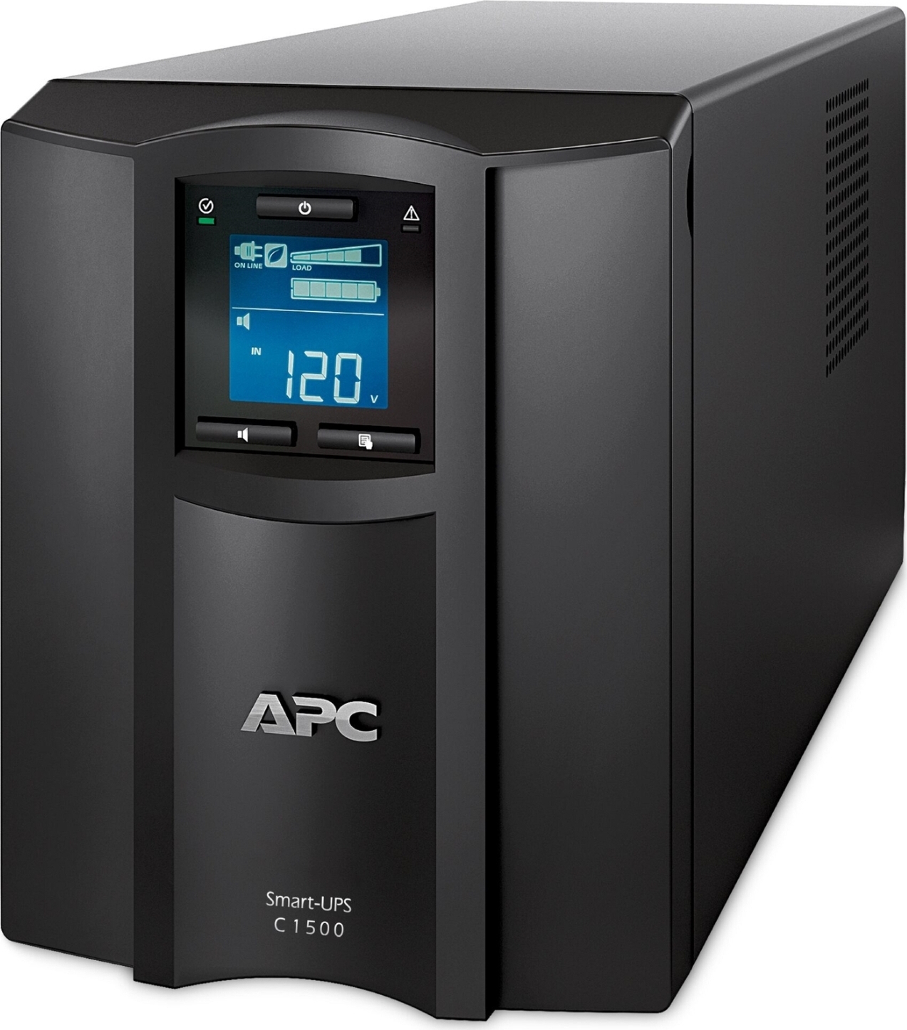 APC Smart-UPS C, Line Interactive, 1440VA, Tower, 120V, 8x NEMA 5-15R outlets, SmartConnect port, USB and Serial communication, AVR, Graphic LCD Front View