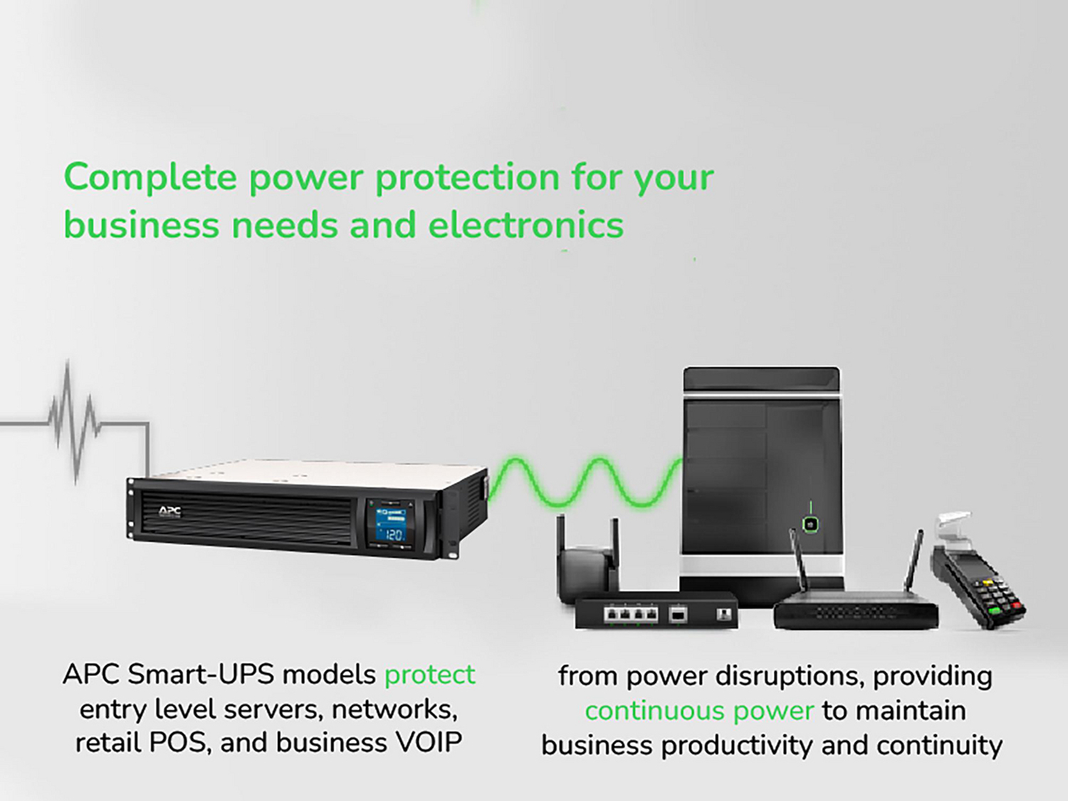 APC Smart-UPS C, Line Interactive, 1440VA, Tower, 120V, 8x NEMA 5-15R outlets, SmartConnect port, USB and Serial communication, AVR, Graphic LCD View 6