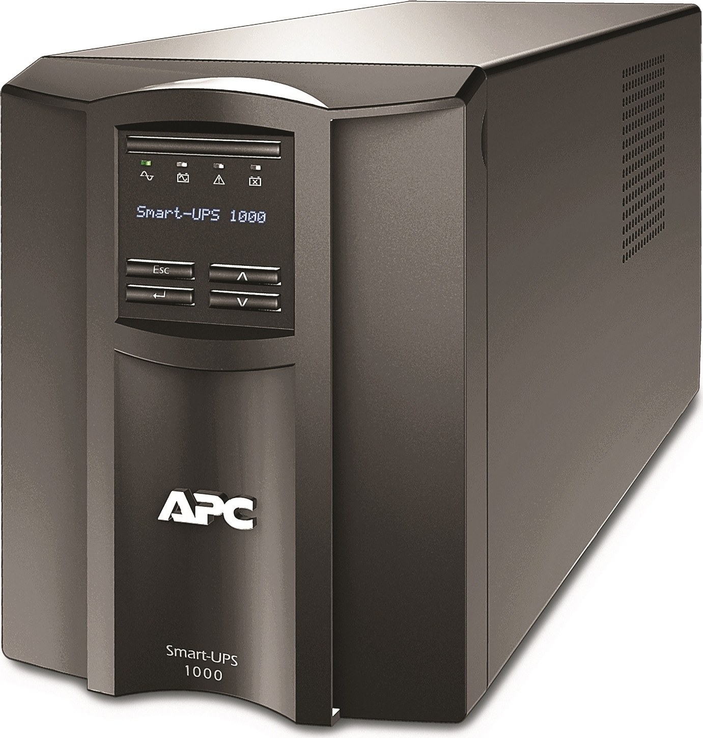 APC Smart-UPS, Line Interactive, 1000VA, Tower, 120V, 8x NEMA 5-15R outlets, SmartConnect Port+SmartSlot, AVR, LCD Front View